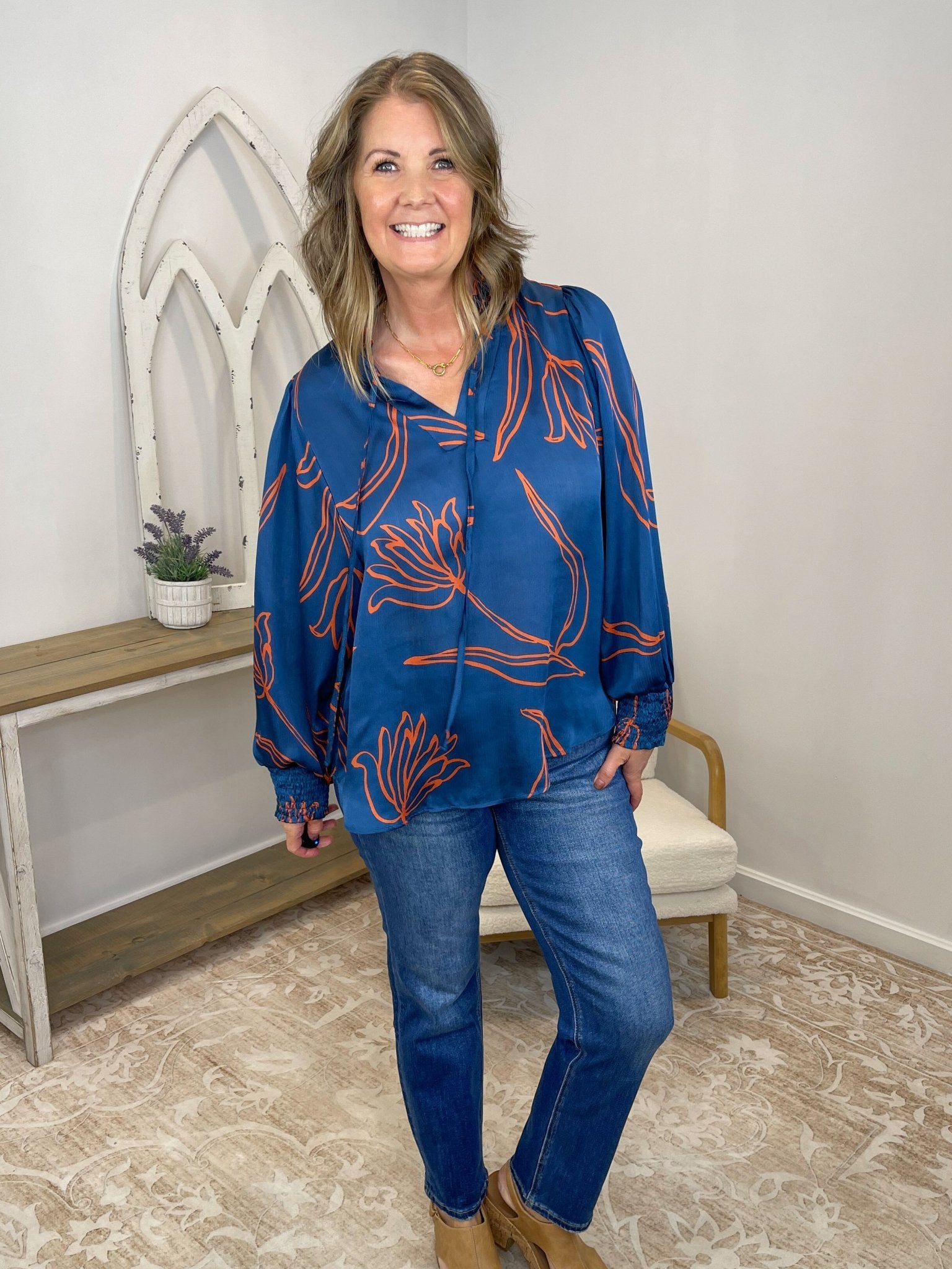 Teal Abstract Floral Crinkled Satin Blouse - Lavender HillsEaselET70097A-TEL-S