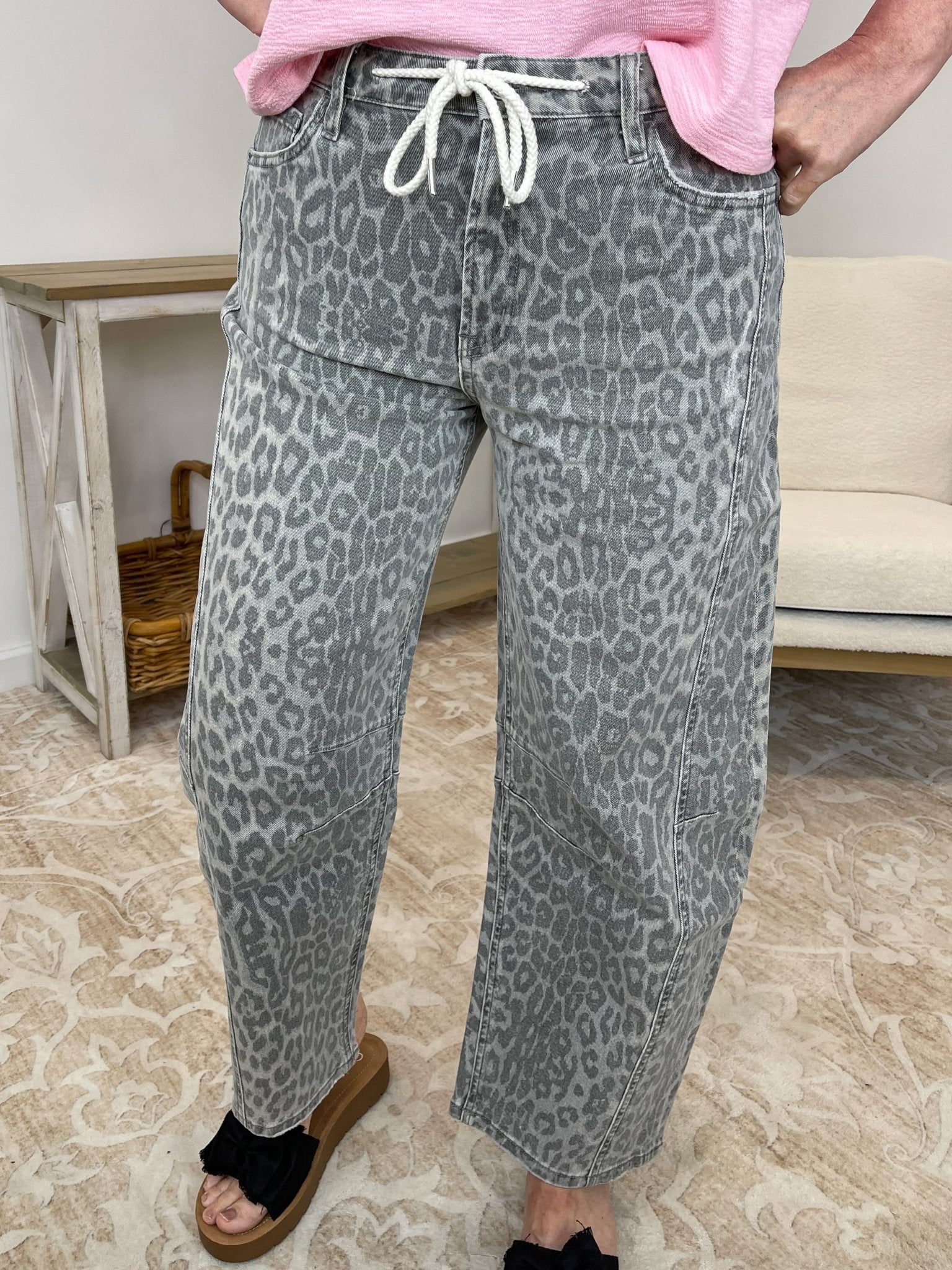Vervet Grey Leopard High-Rise Drawstring Barrel Jeans - Lavender HillsVervet by Flying MonkeyT737GLP-25