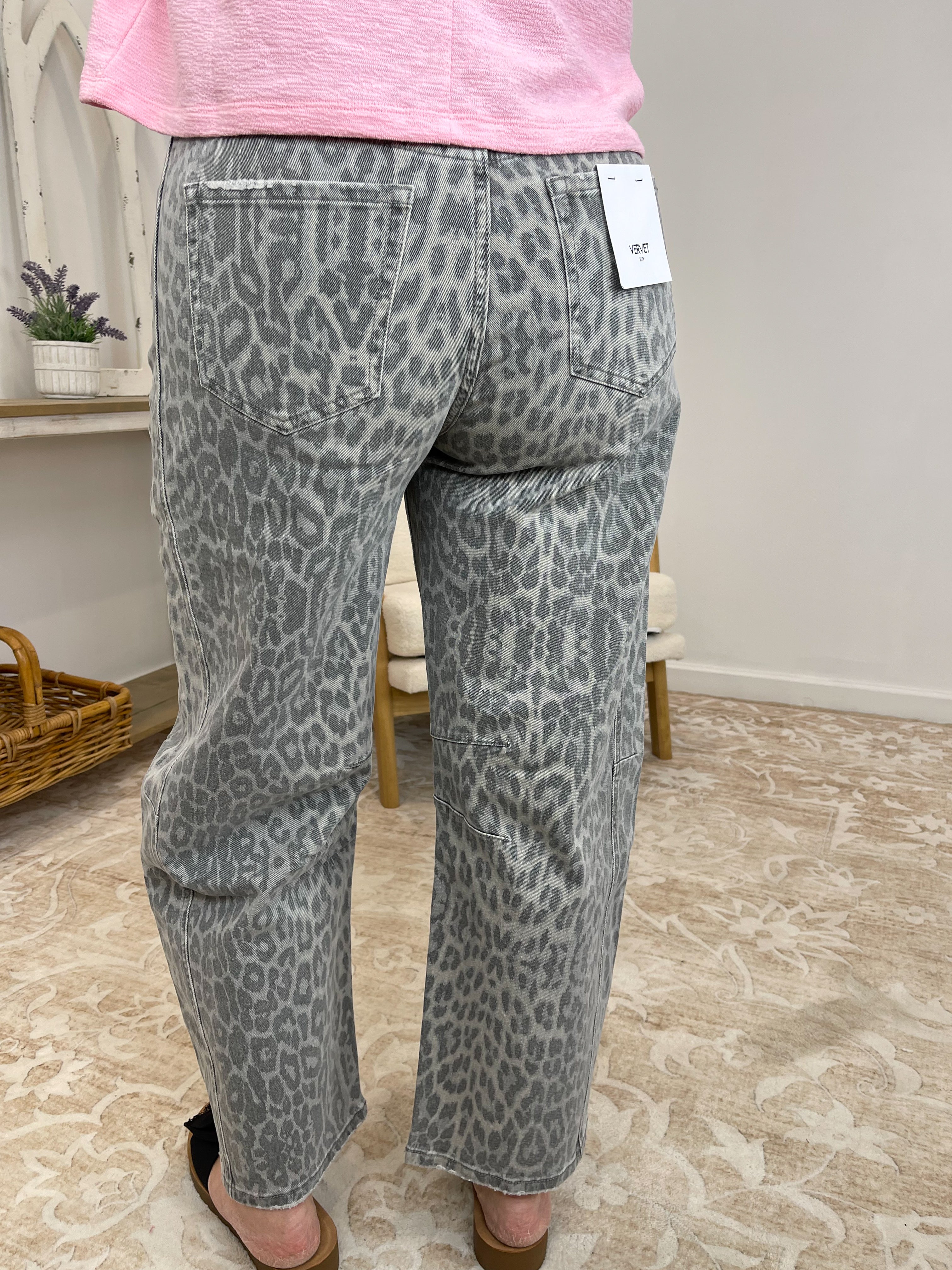 Vervet Grey Leopard High-Rise Drawstring Barrel Jeans