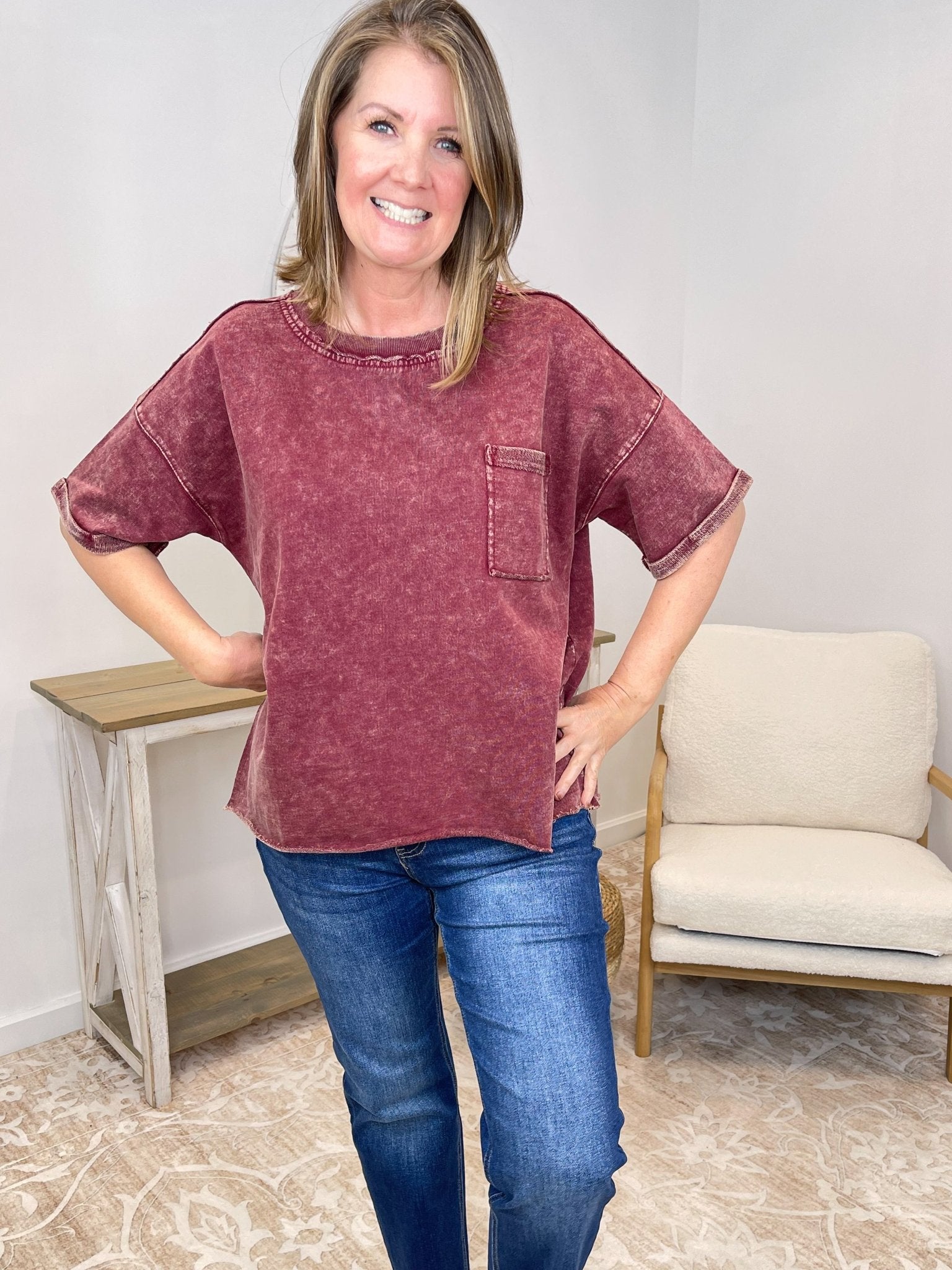 Vintage Acid Wash Exposed Seam French Terry Top Shirt - Lavender Hills BeautyZenana
