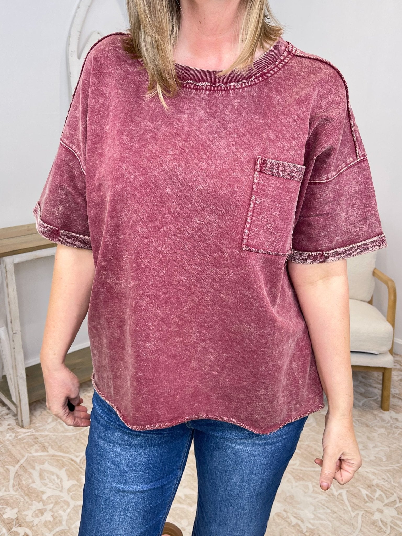 Vintage Acid Wash Exposed Seam French Terry Top Shirt - Lavender Hills BeautyZenana