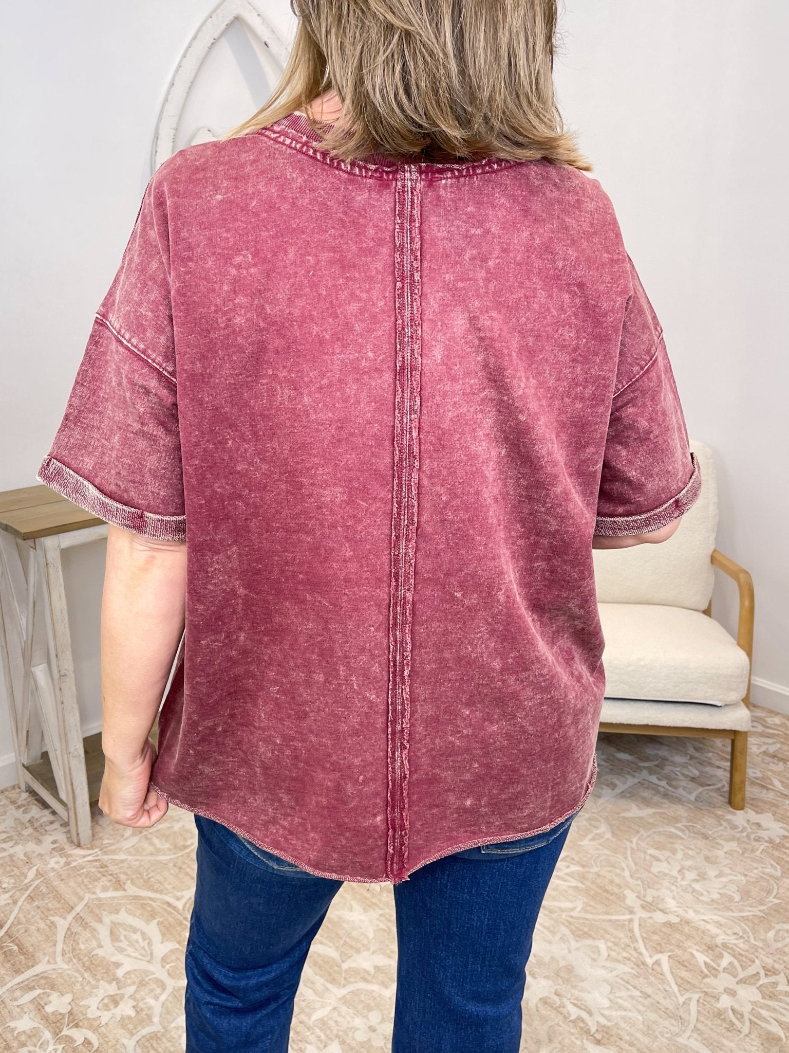 Vintage Acid Wash Exposed Seam French Terry Top Shirt - Lavender Hills BeautyZenana