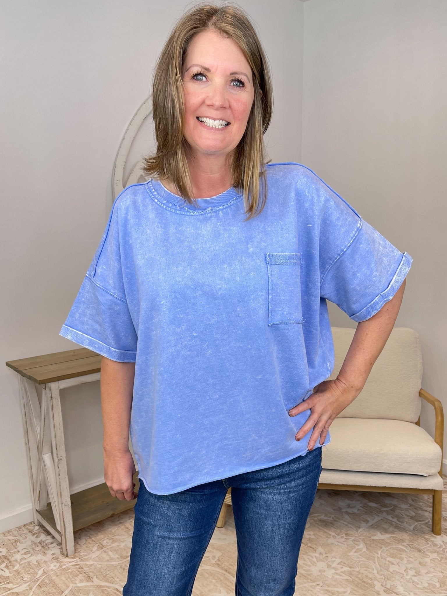 Vintage Acid Wash Exposed Seam French Terry Top Shirt - Lavender Hills BeautyZenana