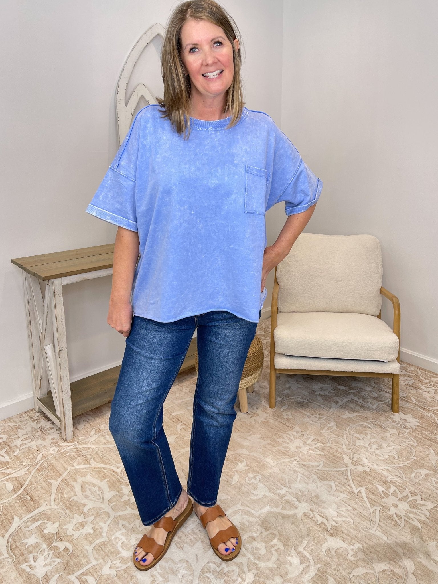 Vintage Acid Wash Exposed Seam French Terry Top Shirt - Lavender Hills BeautyZenana