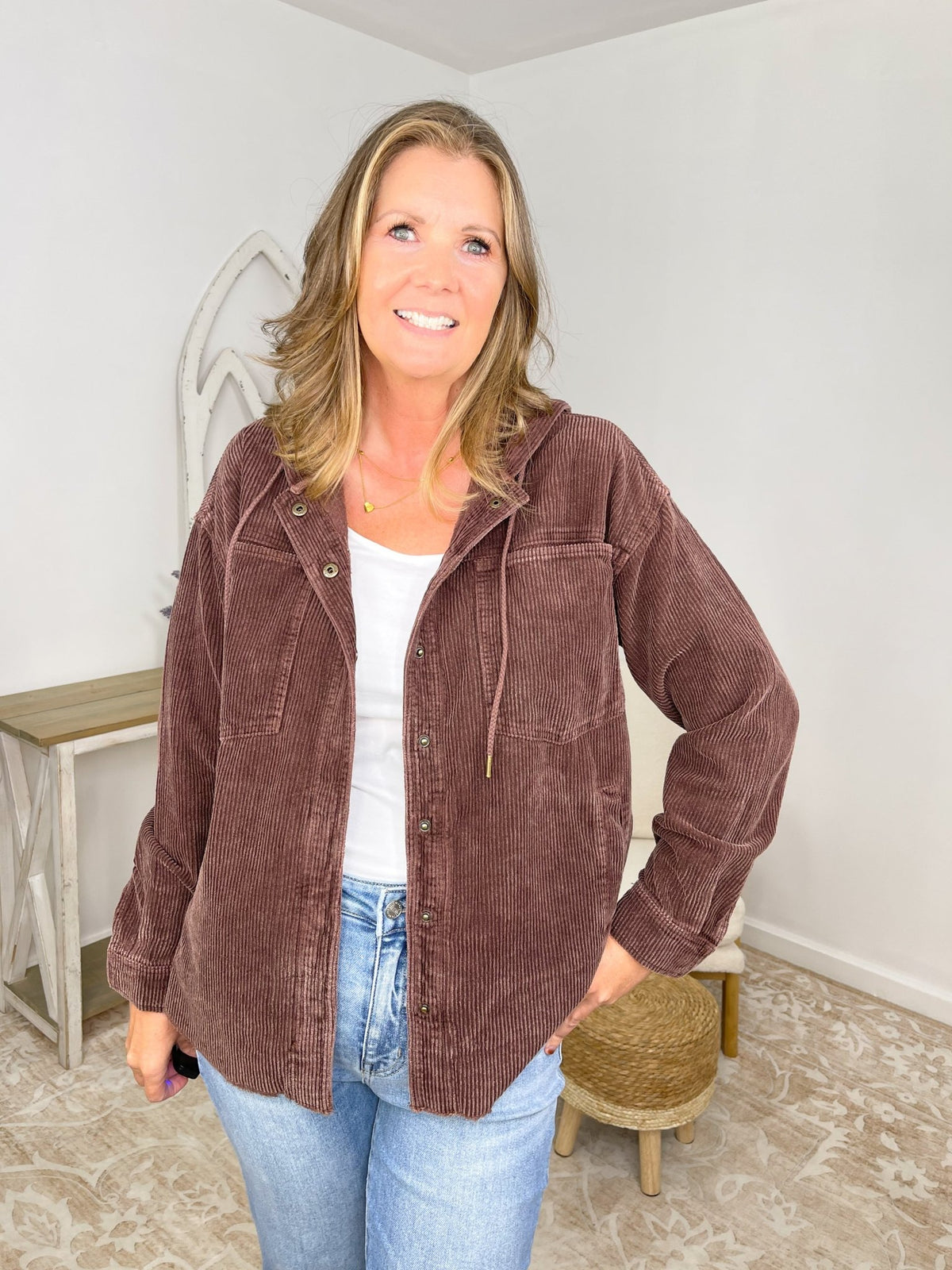 Vintage Wash Corduroy Hoodie Jacket - Raw Edge Brown - Lavender Hills26 International36691-S