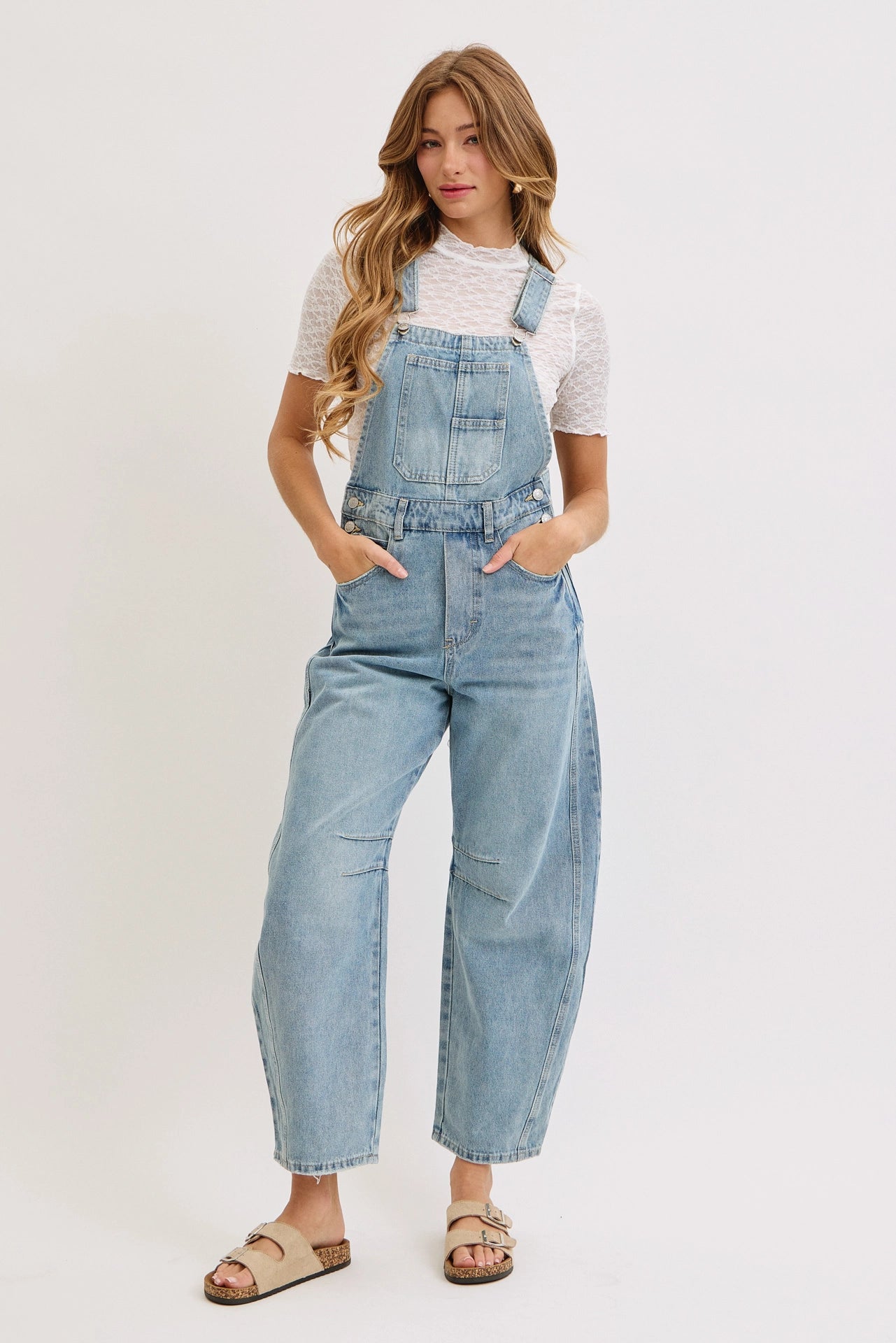 Washed Denim Barrel-Leg Overalls Jumpsuit