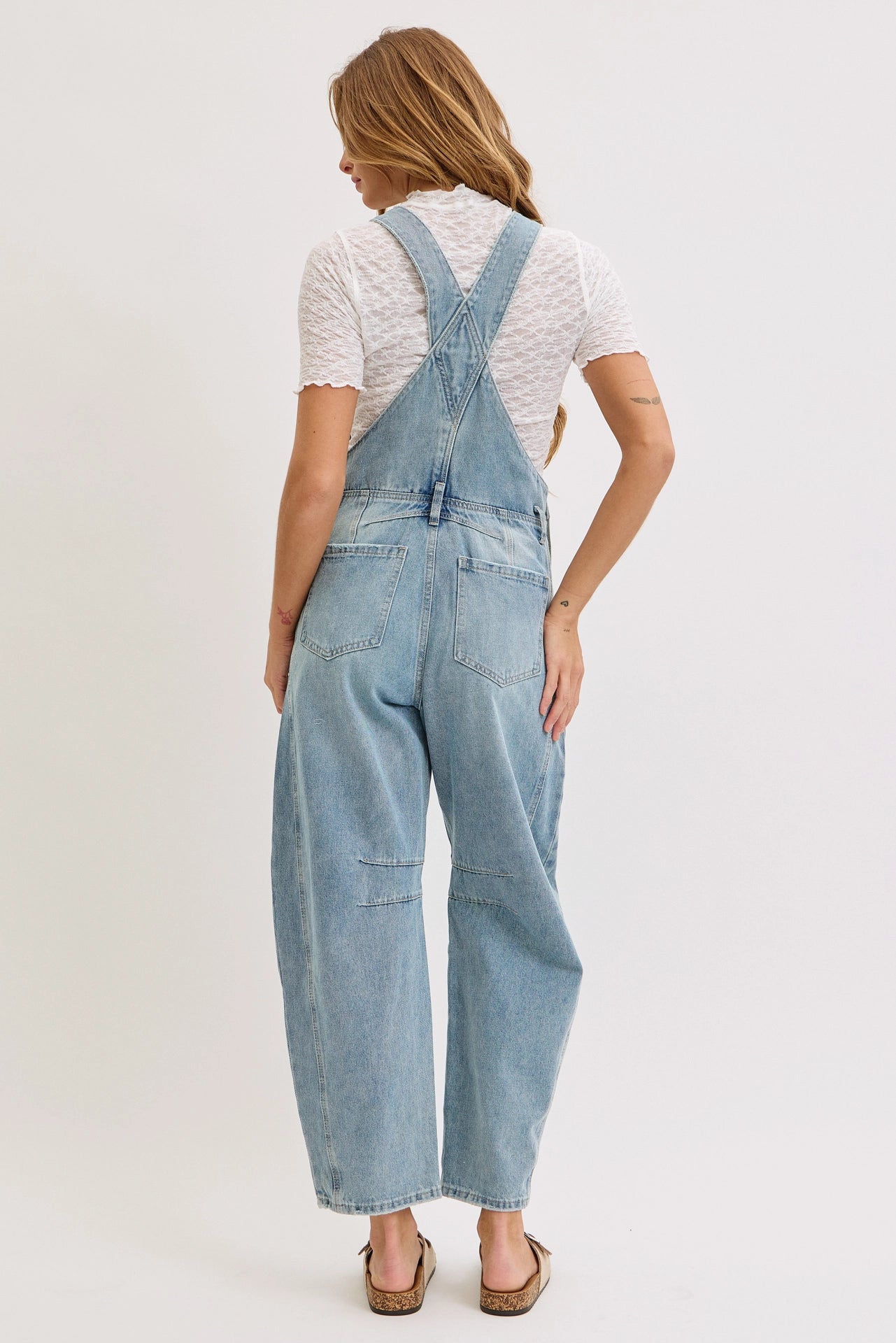 Washed Denim Barrel-Leg Overalls Jumpsuit