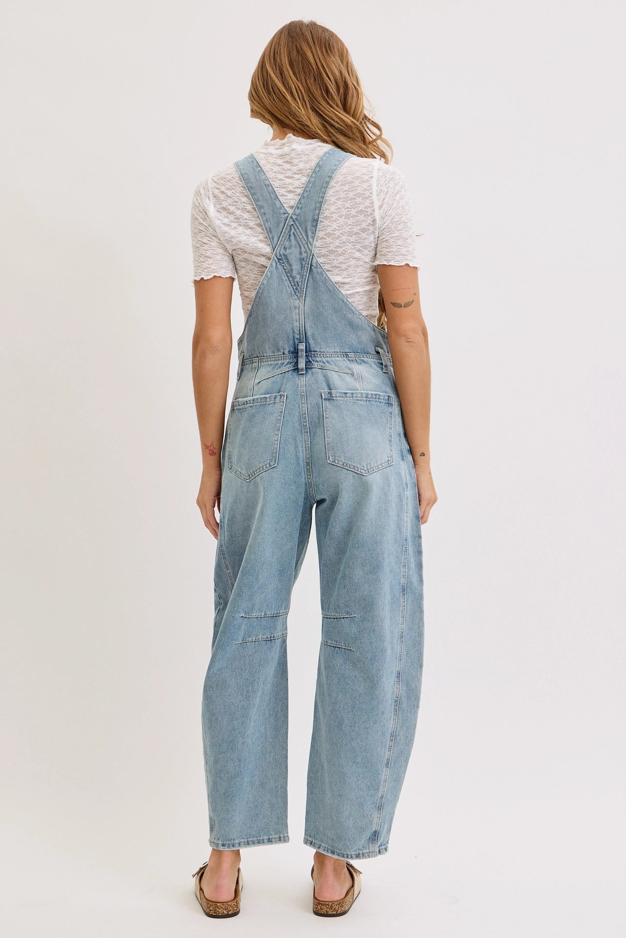 Washed Denim Barrel-Leg Overalls Jumpsuit