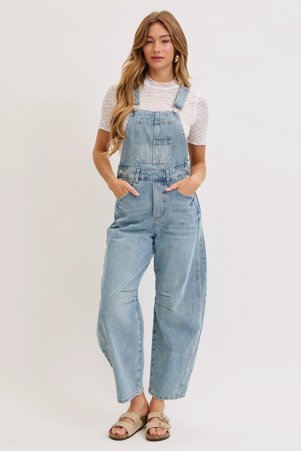 Washed Denim Barrel-Leg Overalls Jumpsuit
