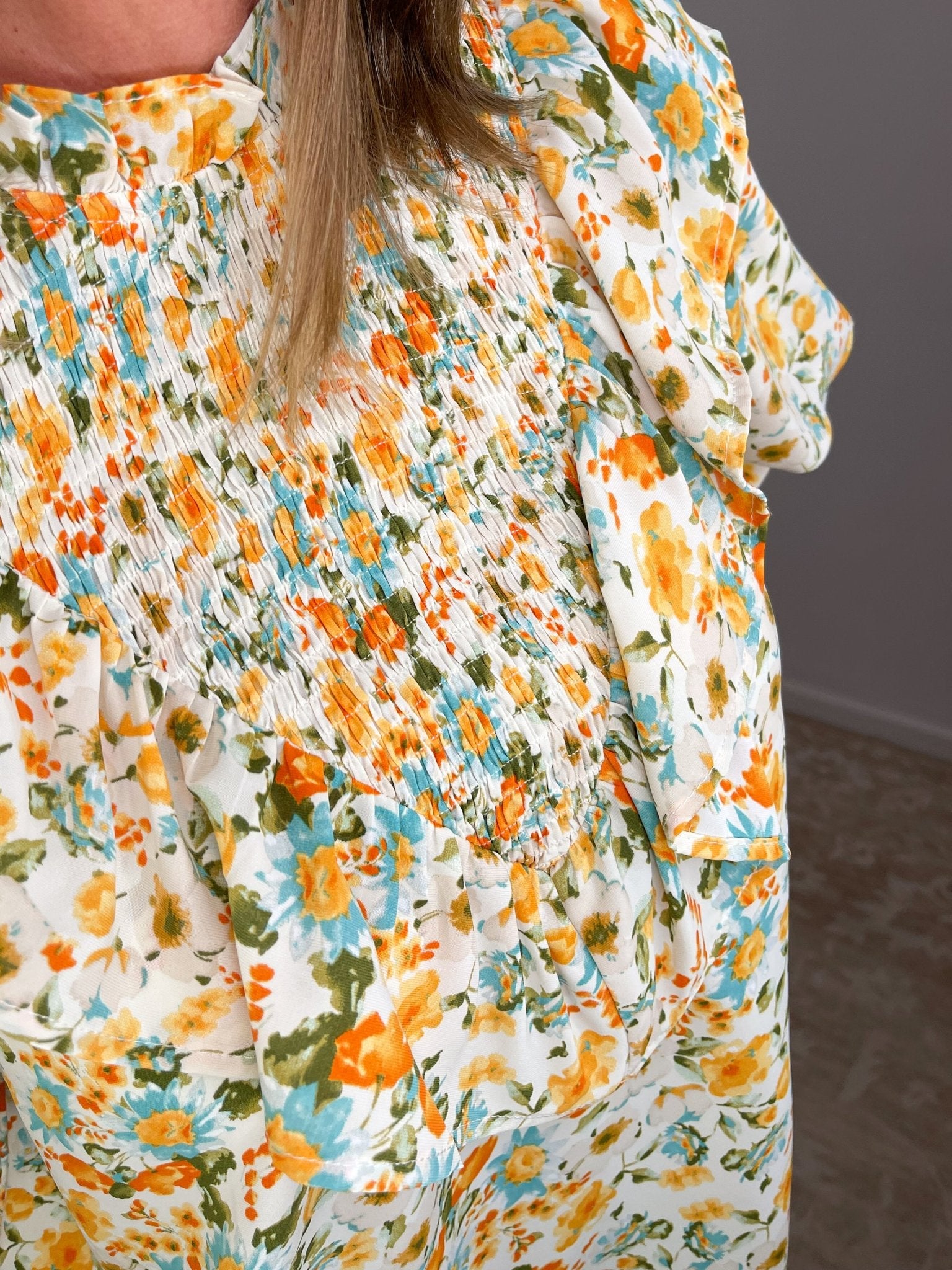 Yellow Ditsy Floral High Neck Smocked Ruffle Blouse - Lavender HillsEntroT23112-VAN-S