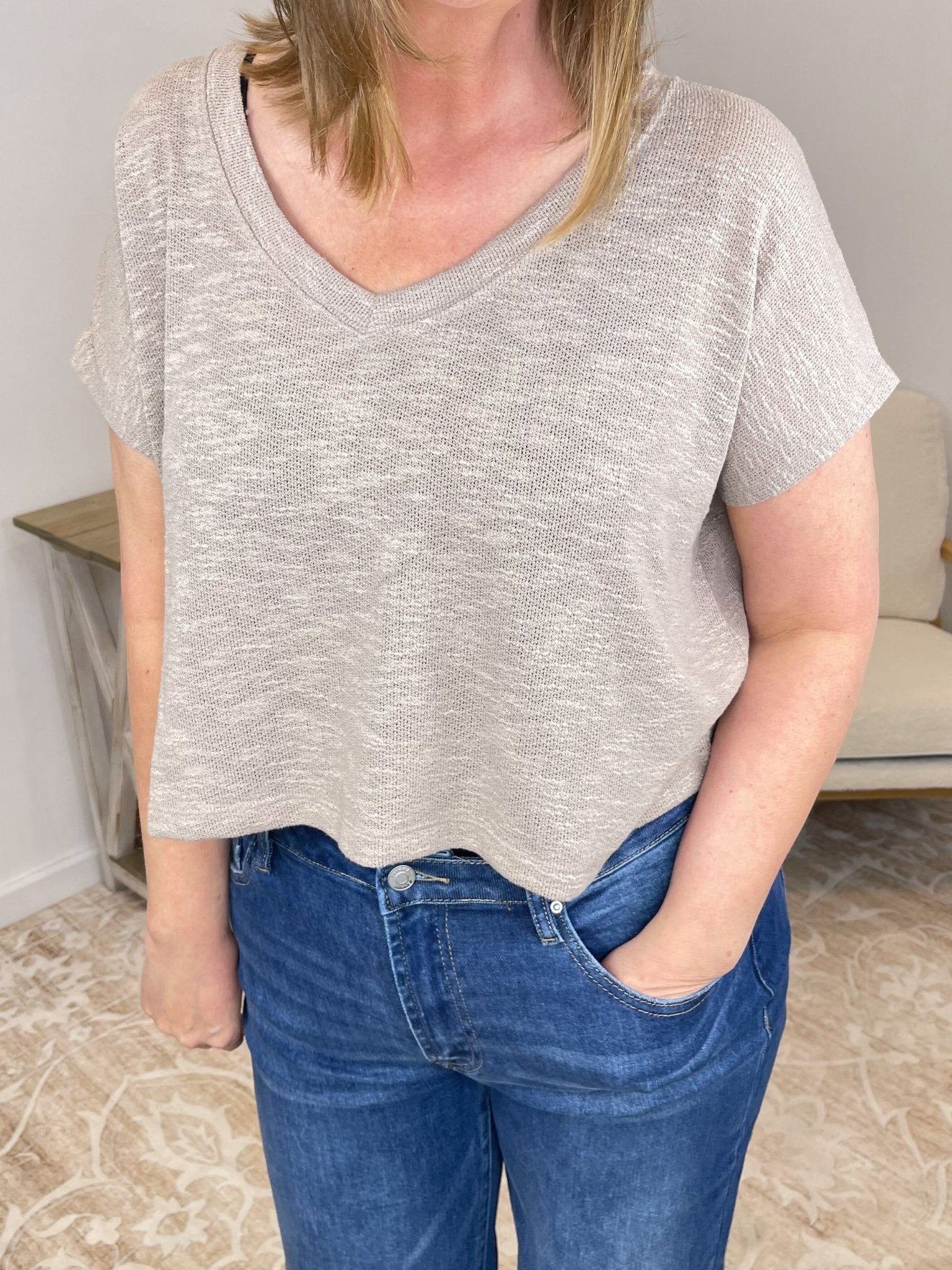 V - Neck Loosely Woven Boxy Fit Cropped Tee - Lavender HillsZenanaHT-2361A-TUP-S