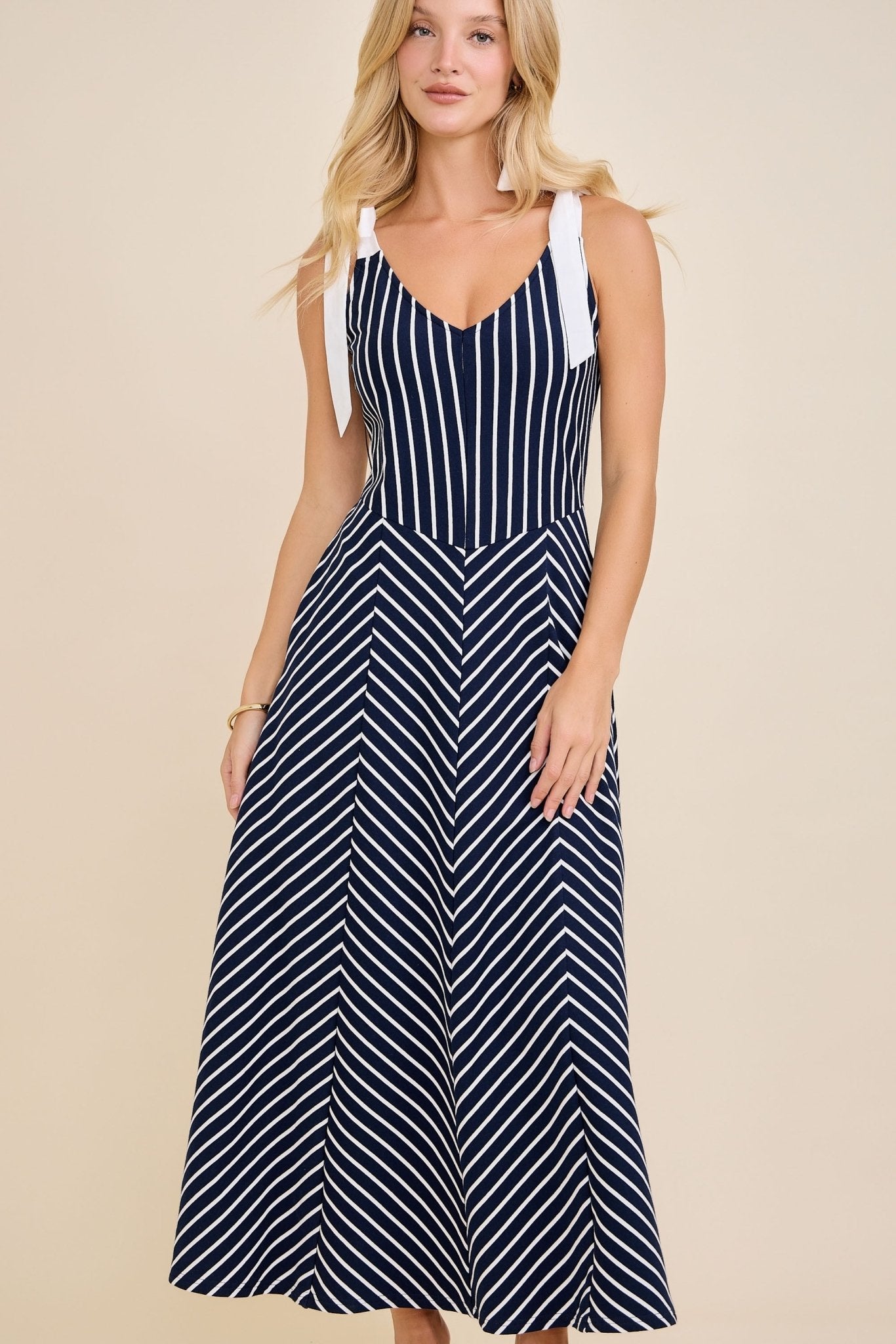 Navy & White Modern Striped Tie-Shoulder A-Line Midi Dress L