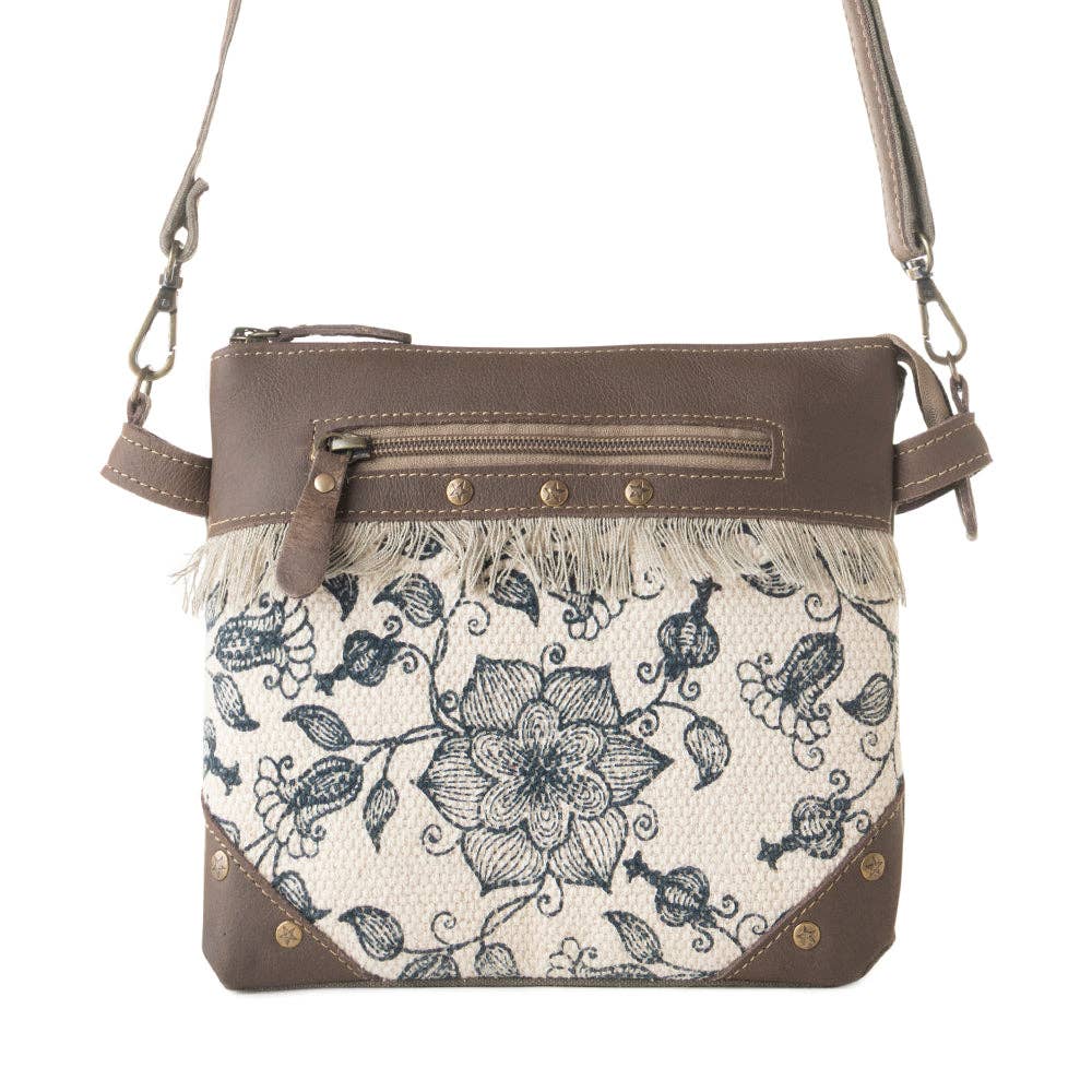 Inkwild Vintage Western Crossbody Bag: Ivory Canvas & Leather Fringe - Lavender HillsMyra BagS-14795