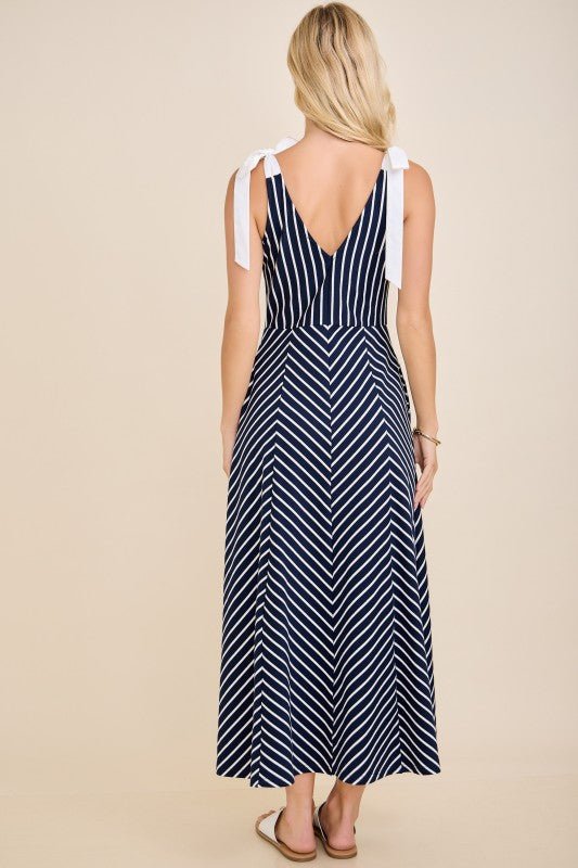 Navy & White Modern Striped Tie - Shoulder A - Line Midi Dress - Lavender Hills BeautyMain StripLD53103-NVY-S