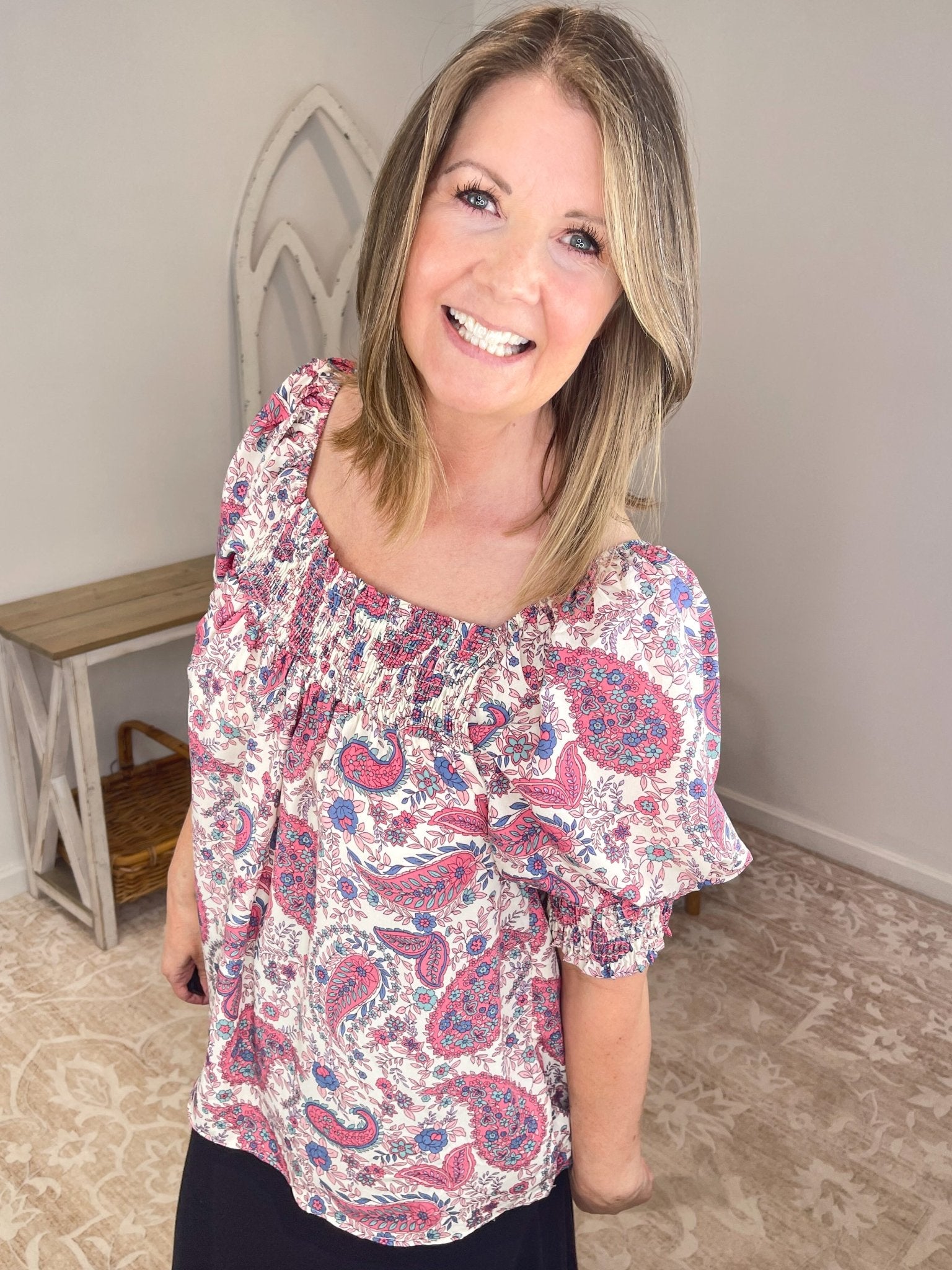 Mauve Paisley Smocked Square Neck Puff Sleeve Top - Lavender Hills BeautyEaselET23258-NAT-S