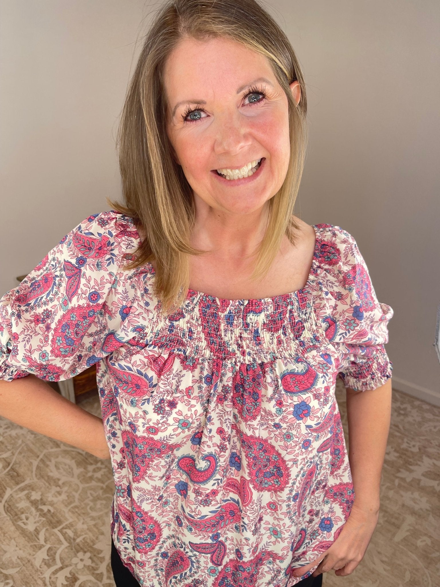 Mauve Paisley Smocked Square Neck Puff Sleeve Top - Lavender Hills BeautyEaselET23258-NAT-S