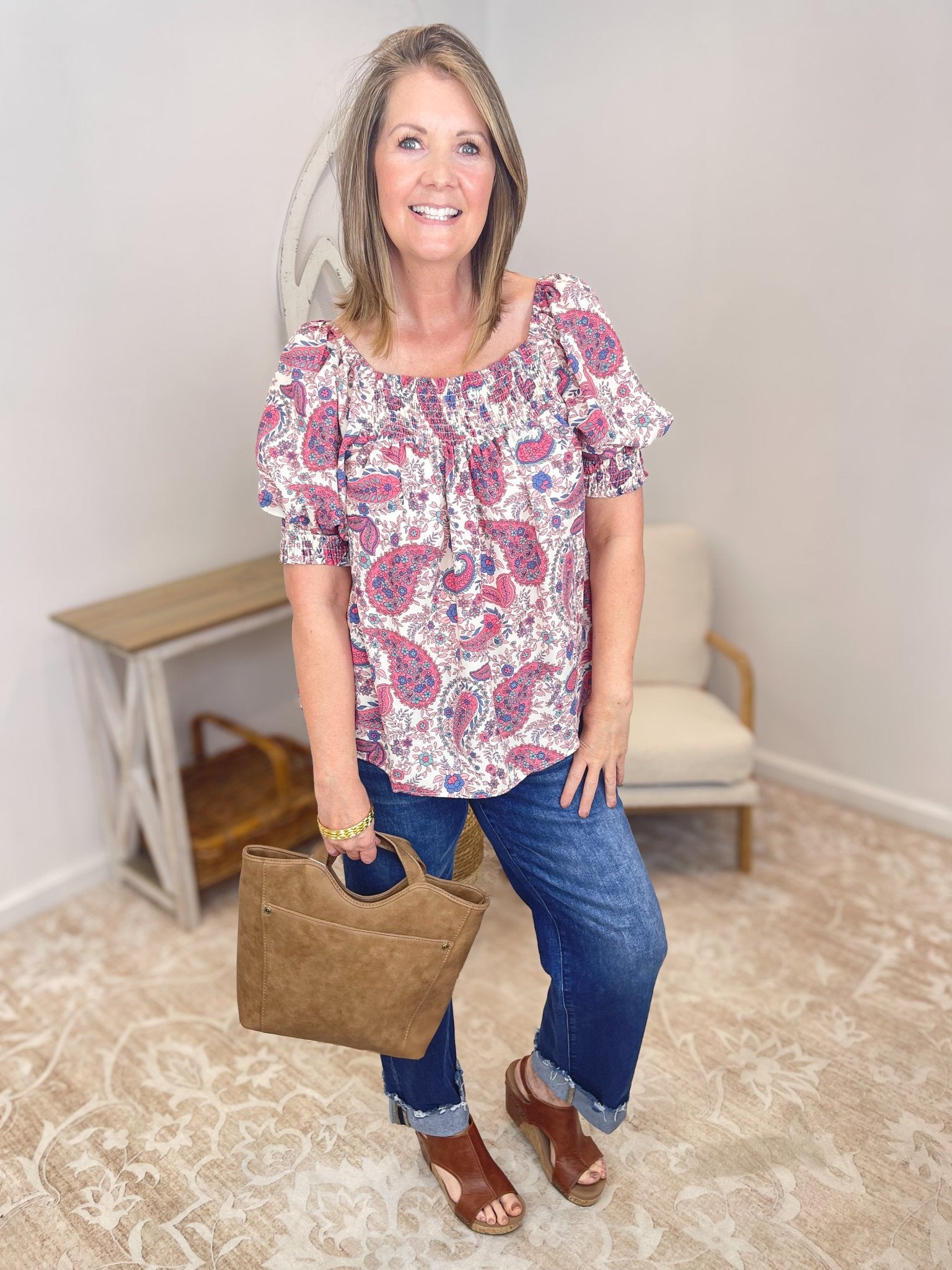 Mauve Paisley Smocked Square Neck Puff Sleeve Top - Lavender Hills BeautyEaselET23258-NAT-S