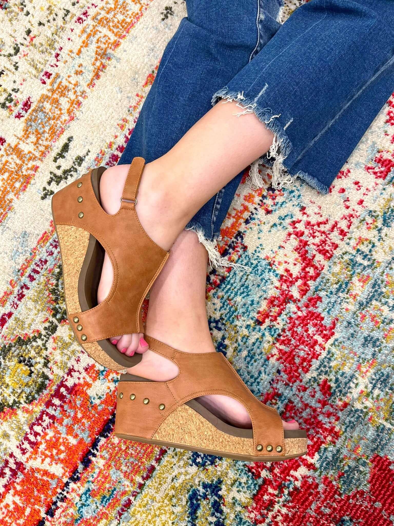 Carley Wedge Sandal - Cognac Smooth - Lavender Hills BeautyCorkys Footwear30-5316-CGSM-Q-6
