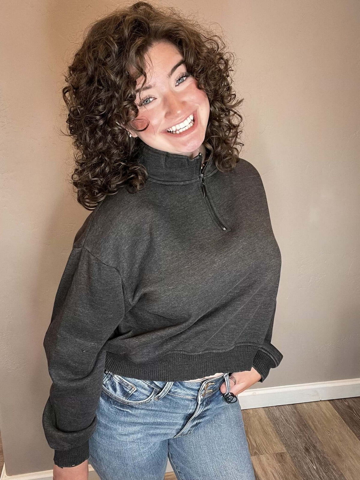 Cropped Acid Wash Half Zip Sweatshirt - Ash Black - Lavender Hills BeautyZenana