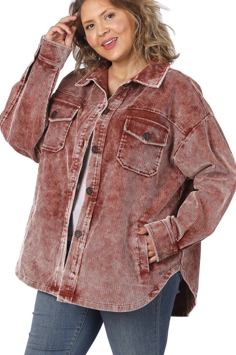 Vintage Washed Corduroy Shacket - Brick Red - Lavender Hills BeautyZenana