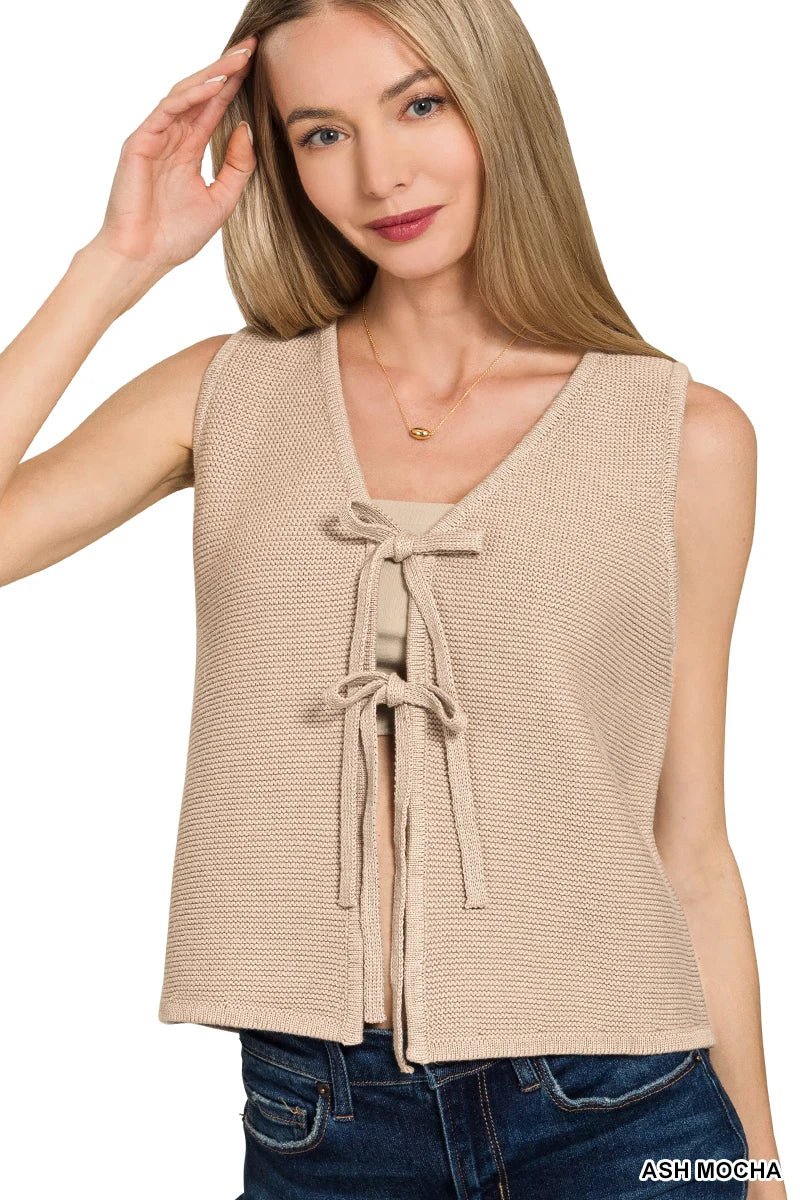Tie-Front Knit Sweater Vest - Lavender HillsZenanaTW-2512Y-ASHMOC-S