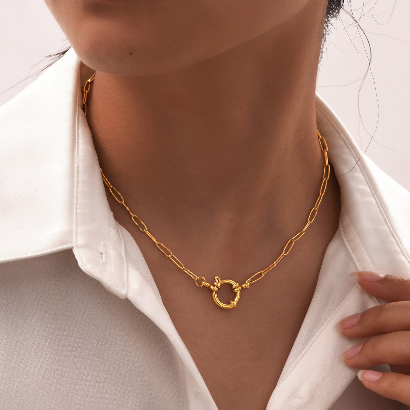 Front Clasp Circle Paperclip Link Chain Necklace - 18K Stainless Steel Tarnish Free - Lavender Hills BeautyJosslyn by Wall to Wall40NK9402