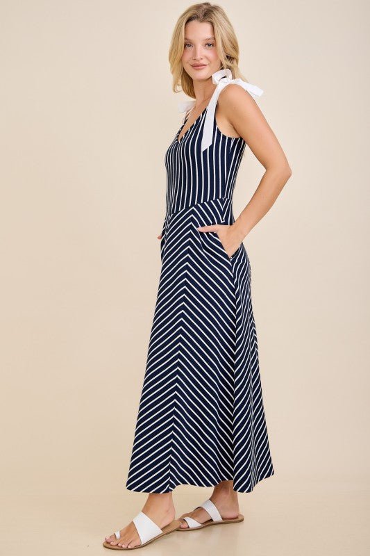 Navy & White Modern Striped Tie - Shoulder A - Line Midi Dress - Lavender Hills BeautyMain StripLD53103-NVY-S