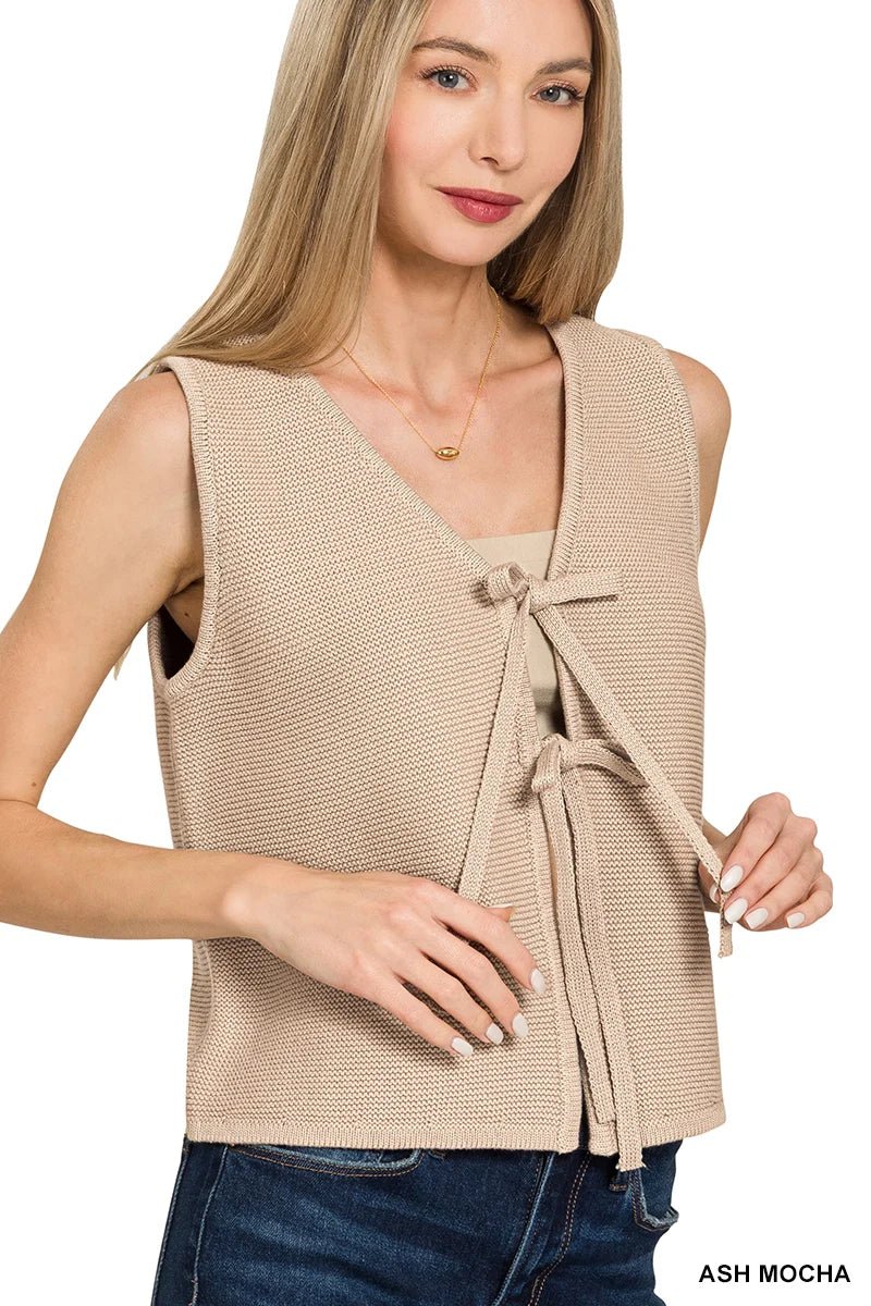 Tie-Front Knit Sweater Vest - Lavender HillsZenanaTW-2512Y-ASHMOC-S