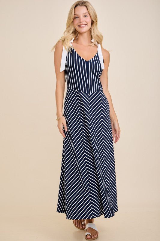 Navy & White Modern Striped Tie - Shoulder A - Line Midi Dress - Lavender Hills BeautyMain StripLD53103-NVY-S