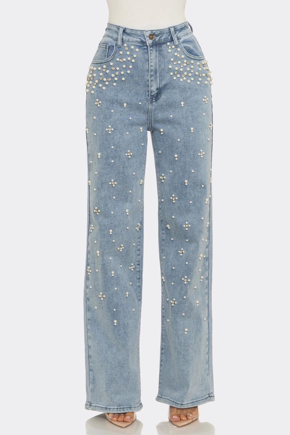 Pearl Embellished Wide Leg Jeans - Lavender HillsLA Girl