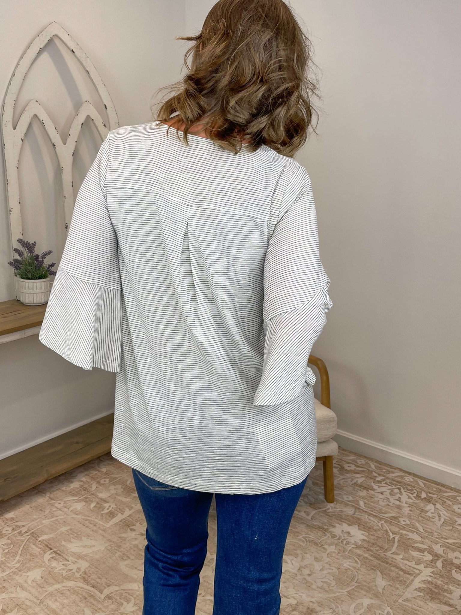 3/4 Bell Sleeve Stripe Ruffle Blouse — White & Black - Lavender HillsMystree16013-S