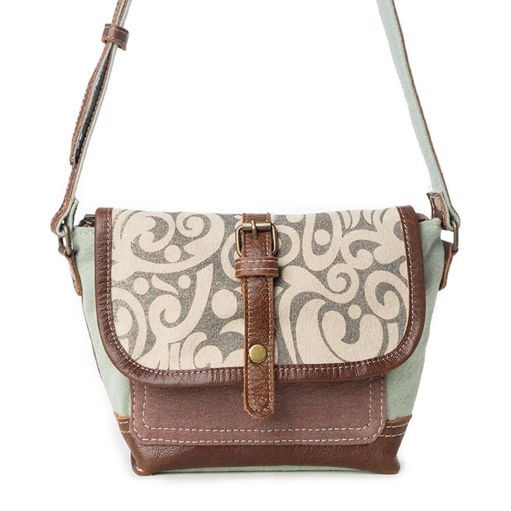 Vintage Leaf Print Canvas & Leather Crossbody Bag - Lavender HillsMyra BagS-1153