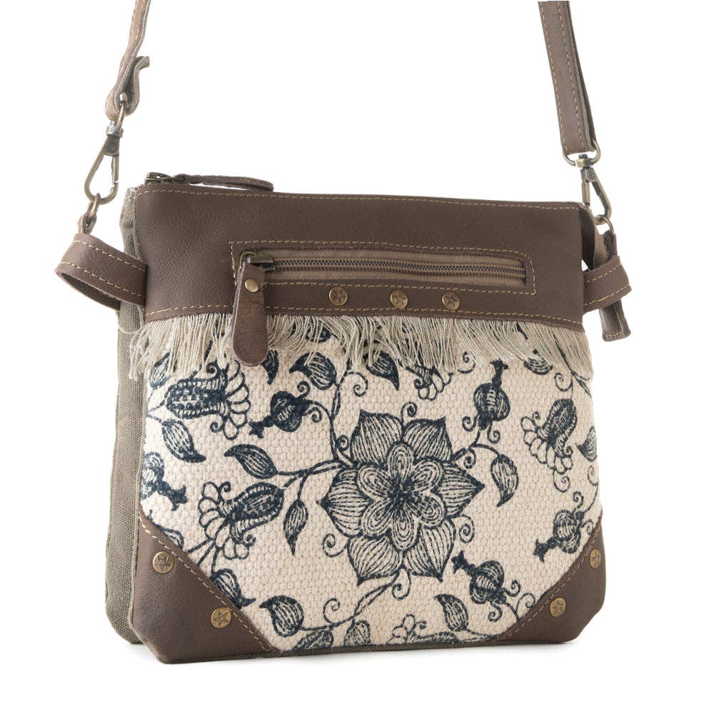 Inkwild Vintage Western Crossbody Bag: Ivory Canvas & Leather Fringe - Lavender HillsMyra BagS-14795