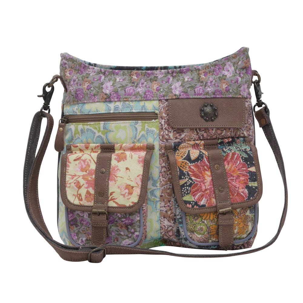 Le Fleur Bel | Boho Floral Patchwork Canvas & Leather Shoulder Bag - Lavender HillsMyra BagS-6395