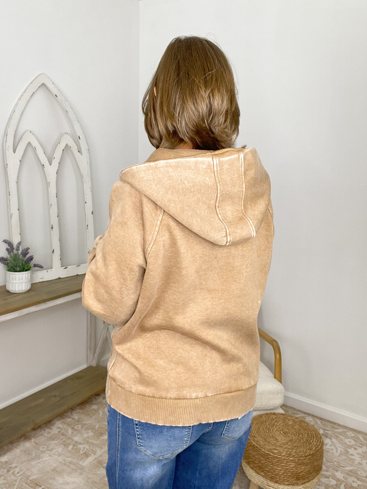 Acid Wash Half Zip Fleece Hoodie Pullover Sweatshirt - Deep Camel