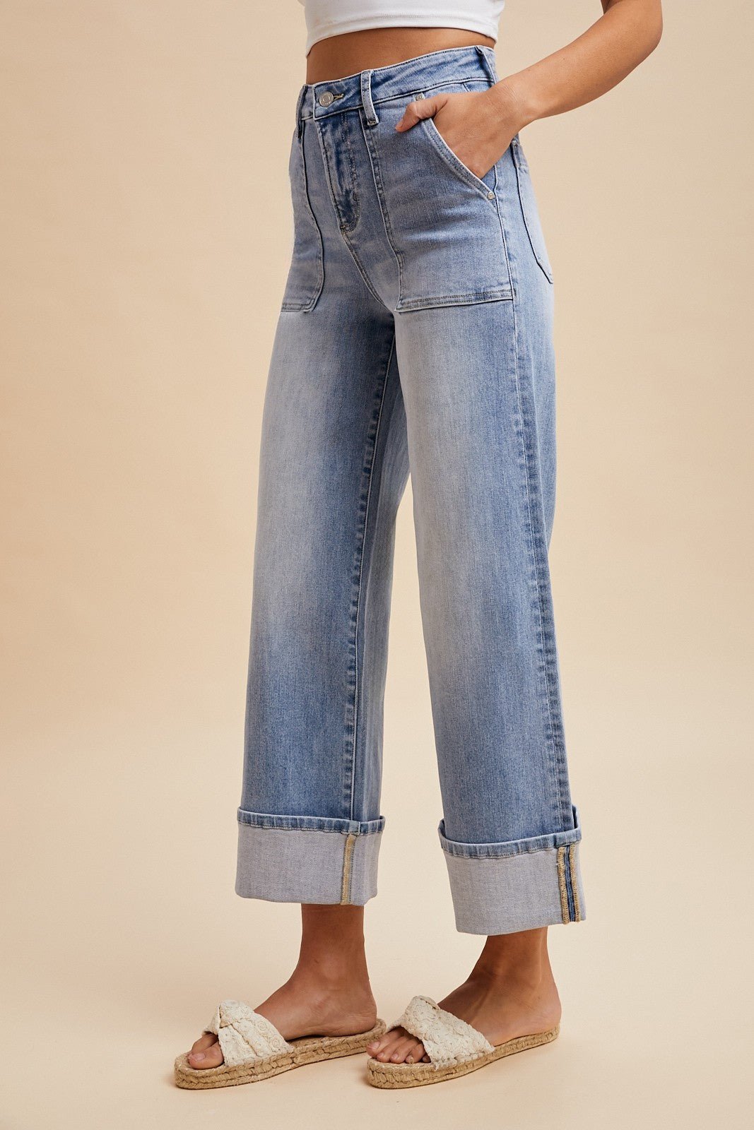 Chic Patch Pocket Cuffed Wide Leg - Lavender Hills BeautyAnniewearAP6646-S