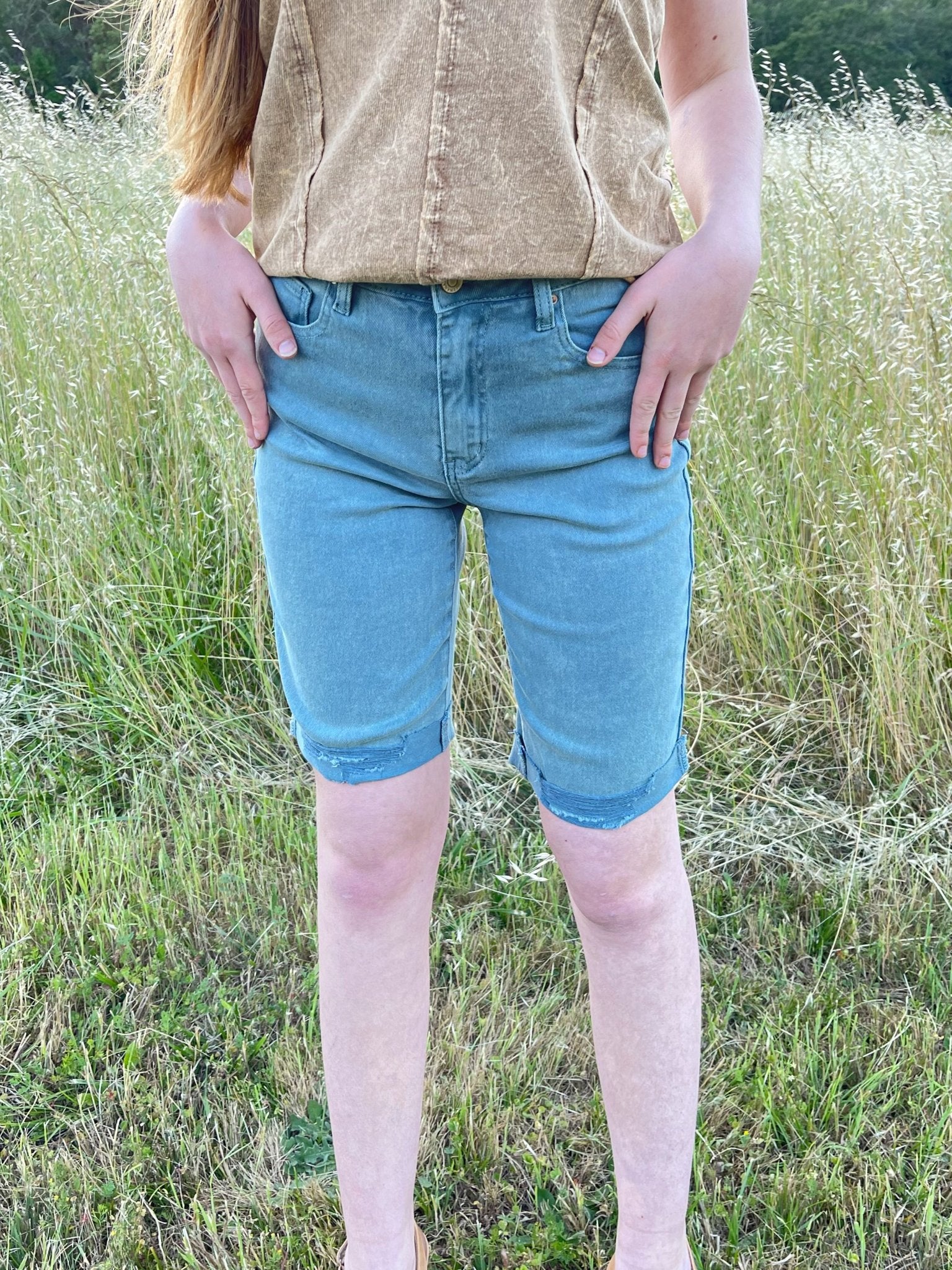 Ash Teal High - Rise Bermuda Rolled Hem Denim Shorts - Lavender HillsZenanaDMP-1892Y-1