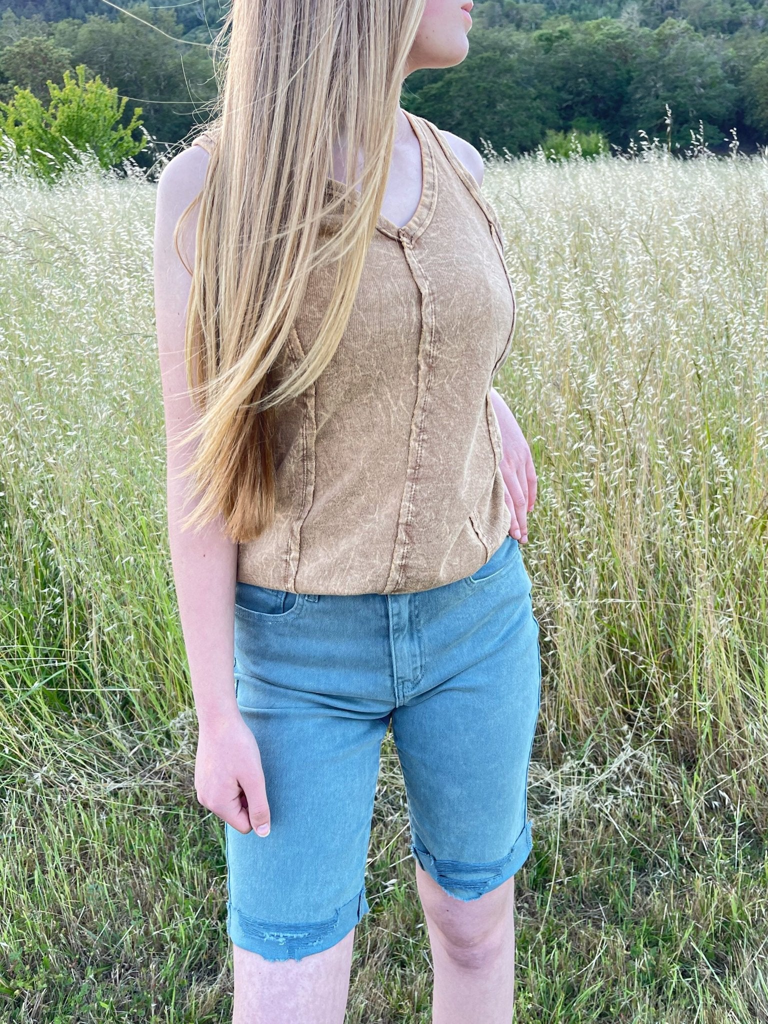 Ash Teal High - Rise Bermuda Rolled Hem Denim Shorts - Lavender HillsZenanaDMP-1892Y-1