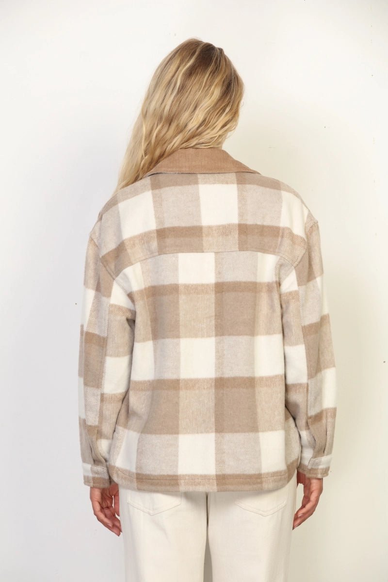 Aspen Wool-Blend Plaid Shacket with Contrast Corduroy Collar - Cream & Taupe - Lavender Hills26 InternationalOT16785-S