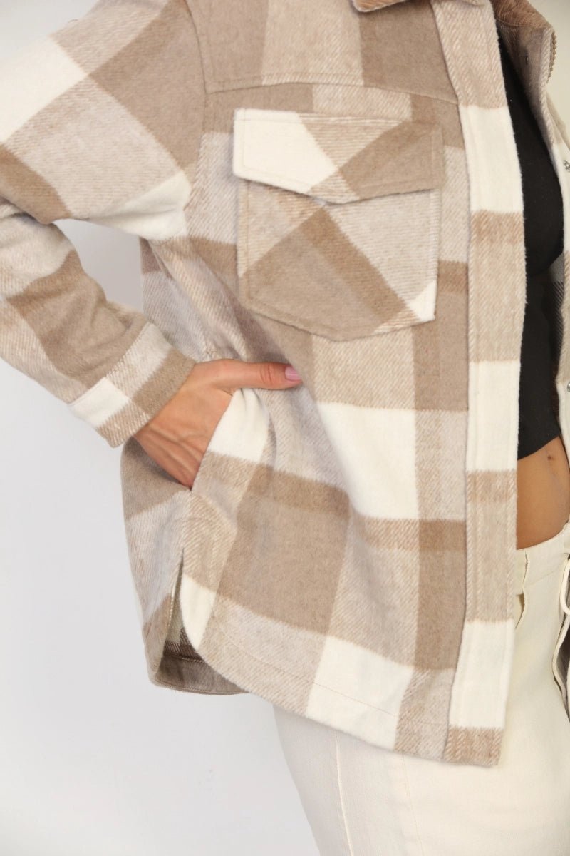 Aspen Wool-Blend Plaid Shacket with Contrast Corduroy Collar - Cream & Taupe - Lavender Hills26 InternationalOT16785-S