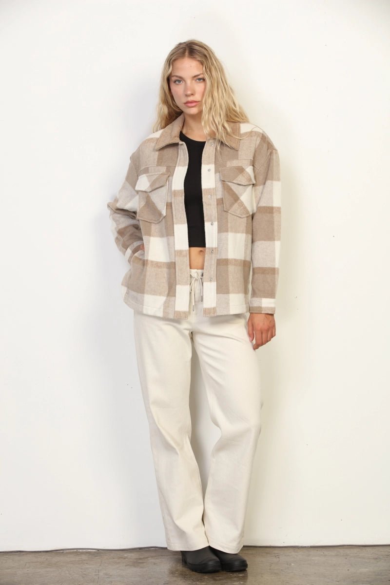 Aspen Wool-Blend Plaid Shacket with Contrast Corduroy Collar - Cream & Taupe - Lavender Hills26 InternationalOT16785-S