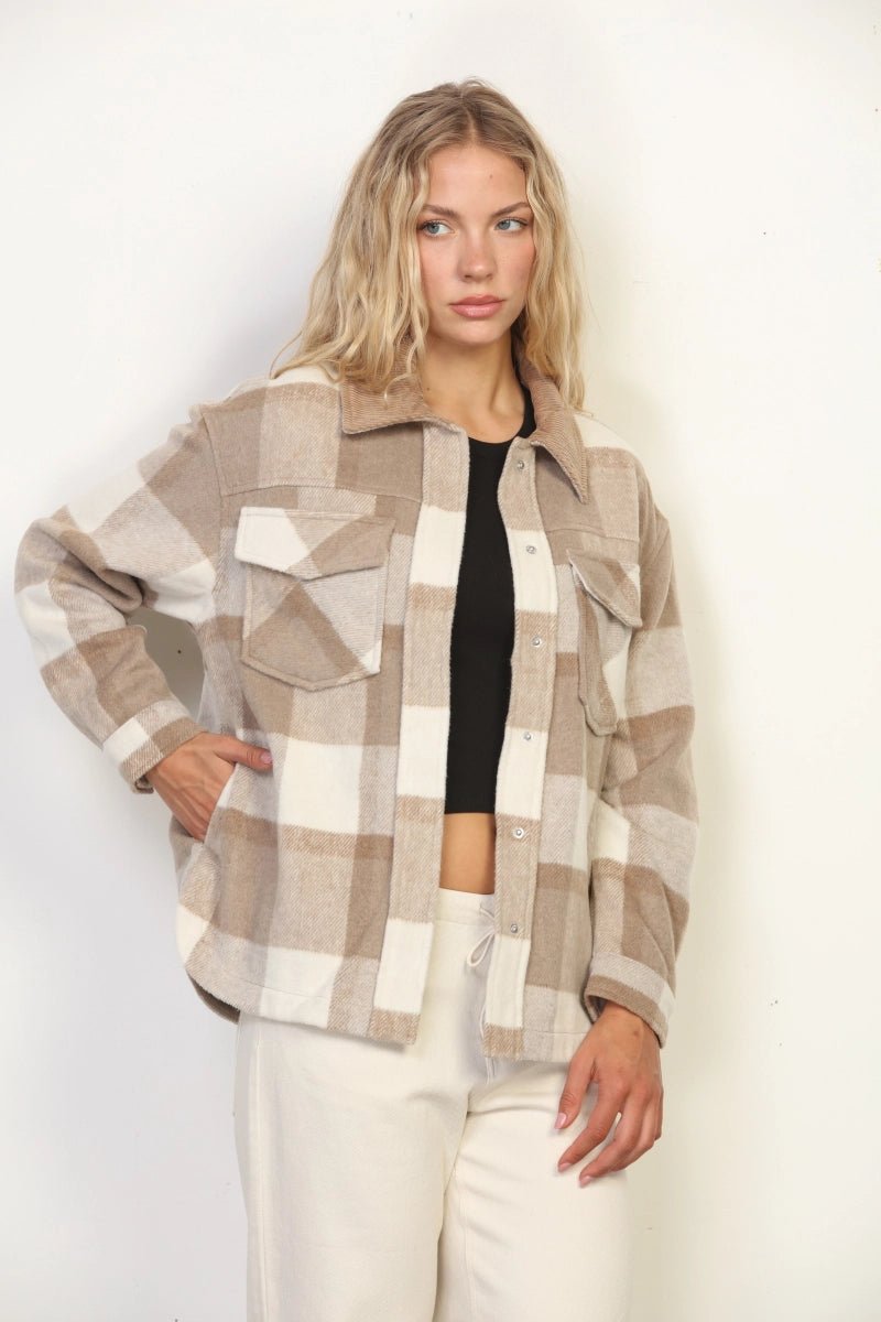 Aspen Wool-Blend Plaid Shacket with Contrast Corduroy Collar - Cream & Taupe - Lavender Hills26 InternationalOT16785-S