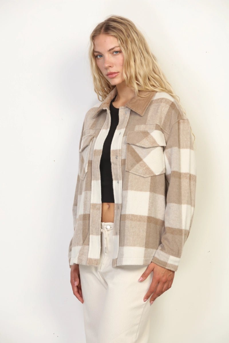Aspen Wool-Blend Plaid Shacket with Contrast Corduroy Collar - Cream & Taupe - Lavender Hills26 InternationalOT16785-S