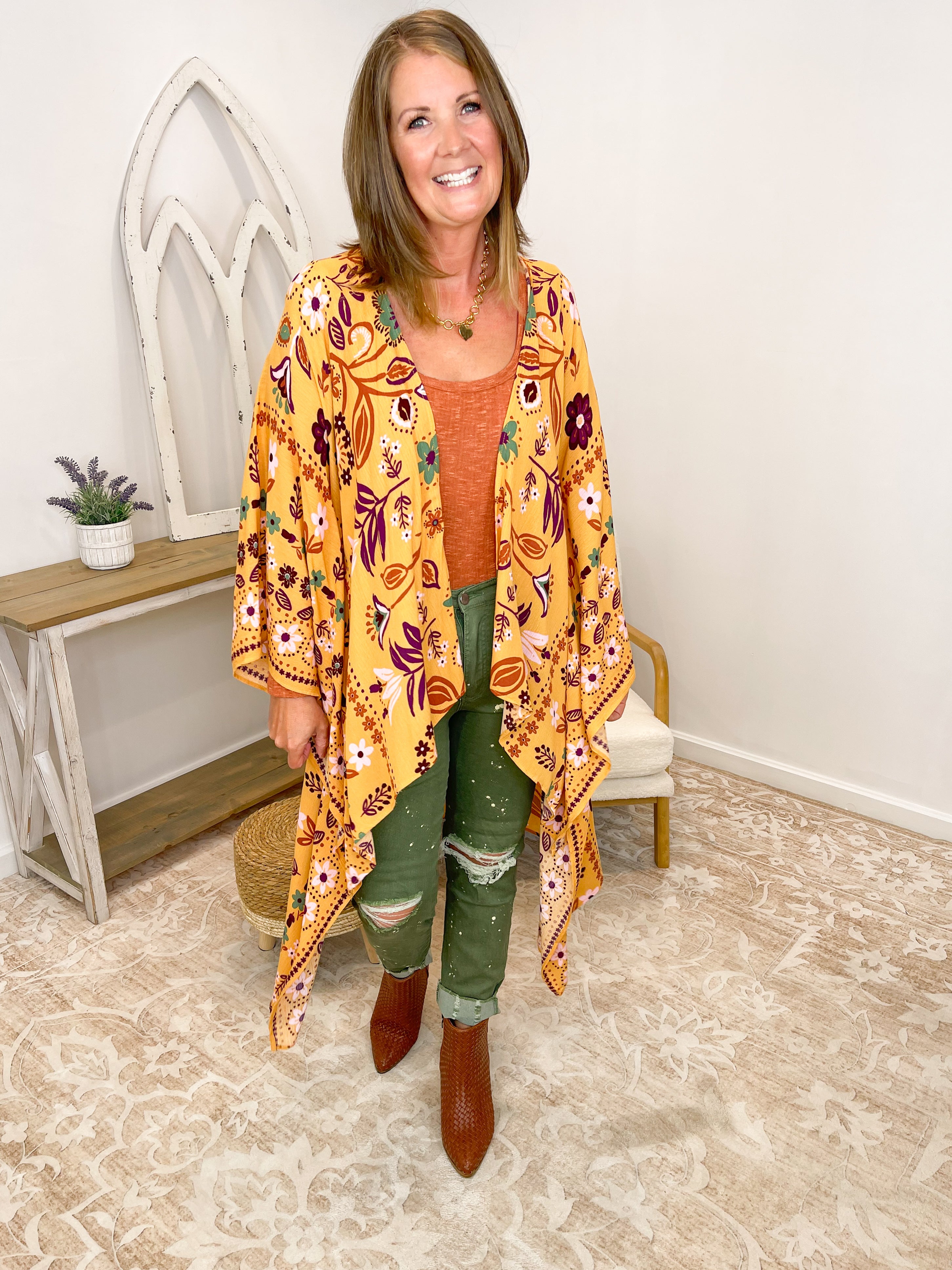 Autumn Mustard Floral Scarf Print Boho Kimono