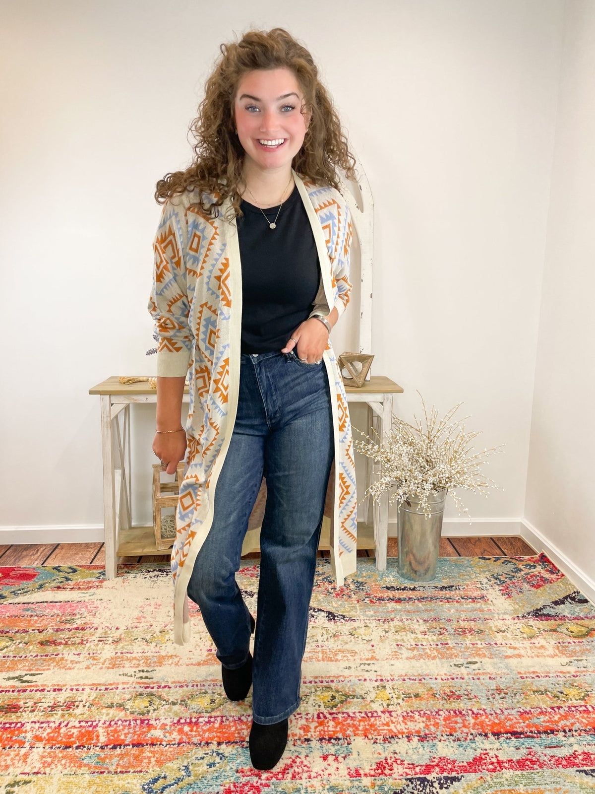 Boho Aztec Print Long Duster Cardigan Sweater - Lavender HillsFirst LoveIT1377-S