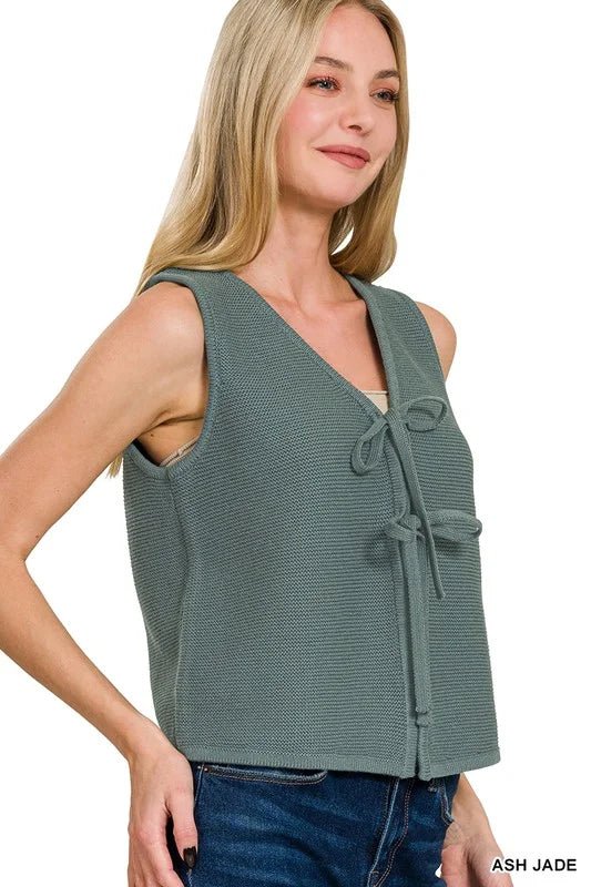 Tie-Front Knit Sweater Vest - Lavender HillsZenanaTW-2512Y-ASHMOC-S