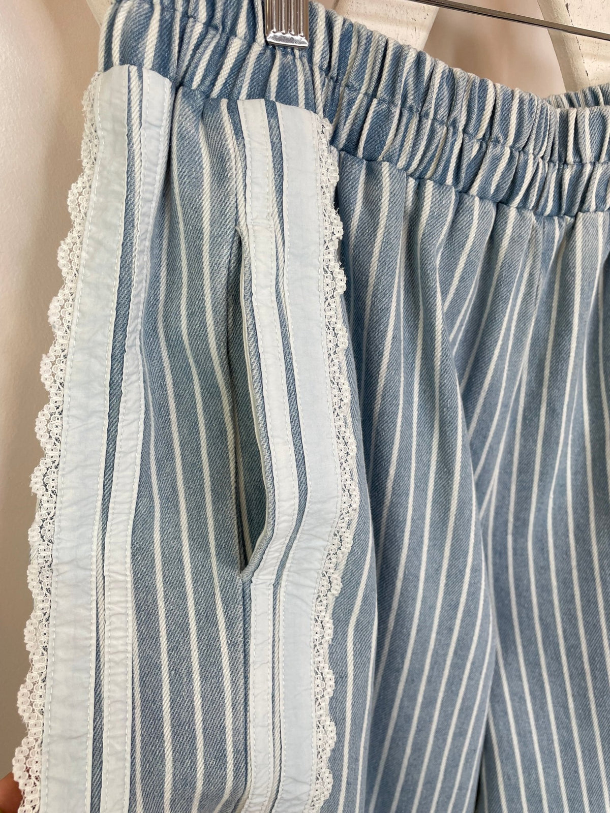 Pinstripe Lace Trim Denim-Blue Wide-Leg Pants - Lavender HillsBibiIB1806G-07-S