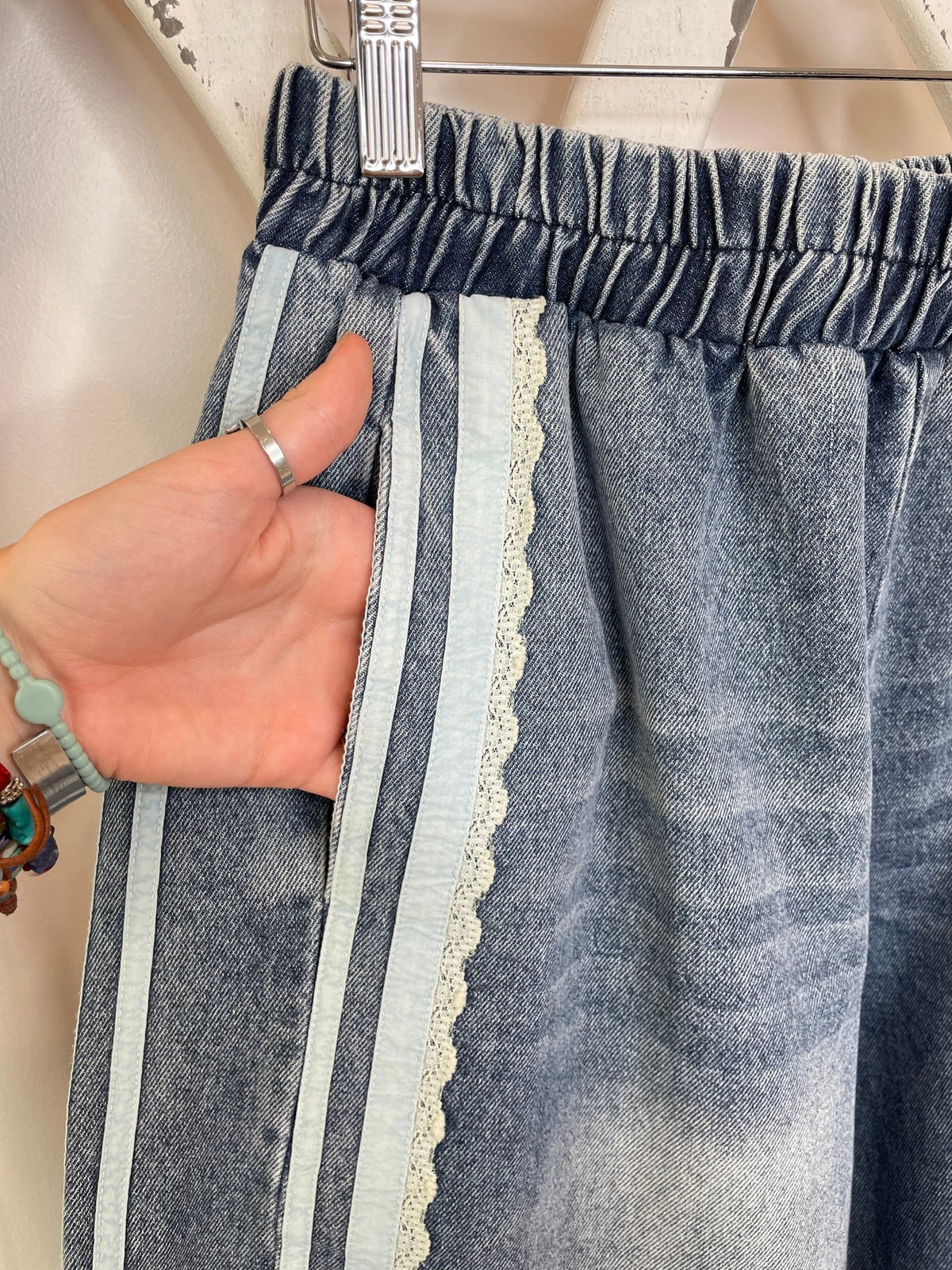 Vintage Washed Denim Lace Detail Wide-Leg Pants - Lavender HillsBibiIB1806G-06-S