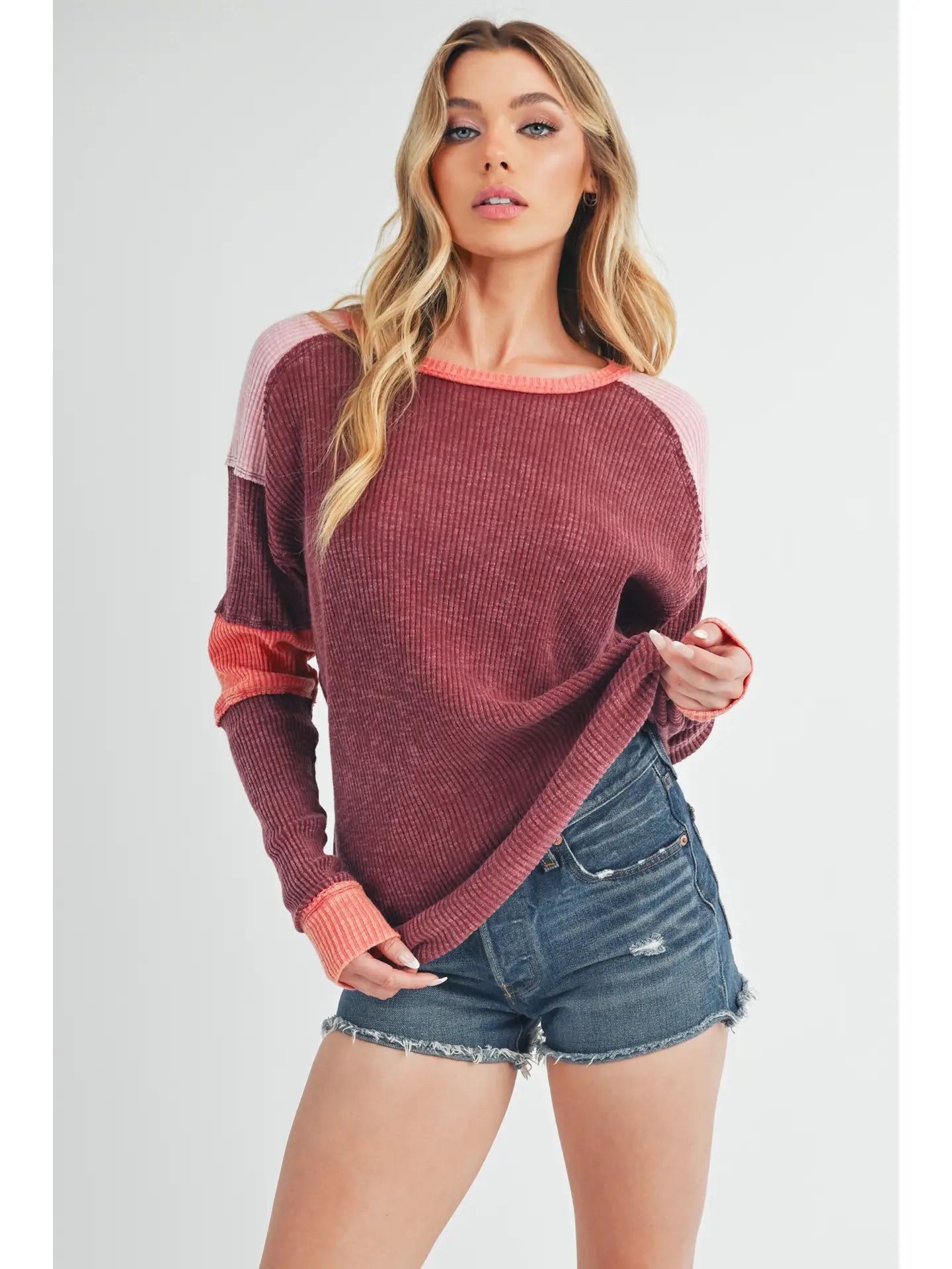 Blush &amp; Brick Colorblock Long Sleeve Pullover Top - Lavender Hills BeautyAMEI & CO8327EK - BUR - S