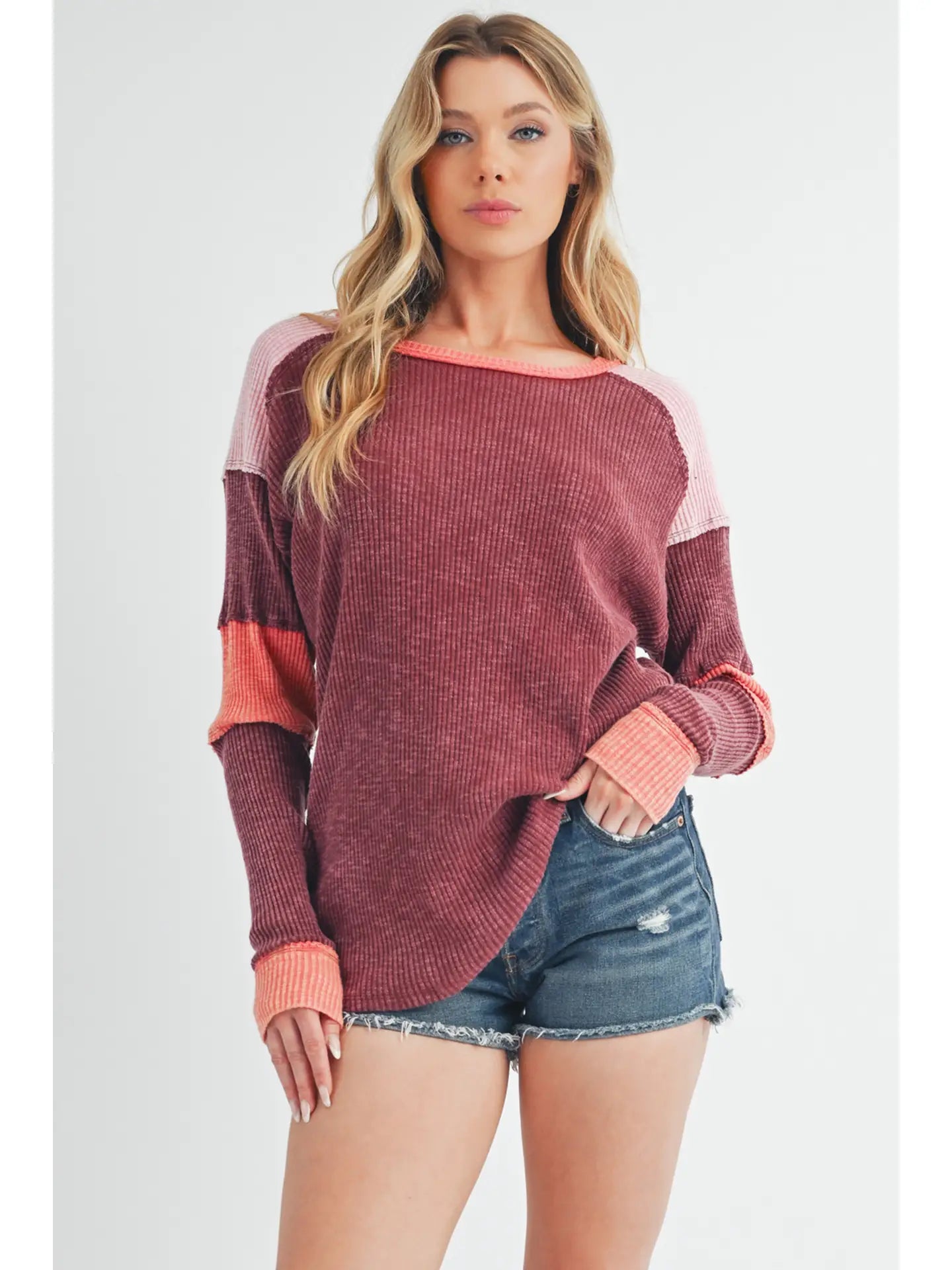 Blush &amp; Brick Colorblock Long Sleeve Pullover Top - Lavender Hills BeautyAMEI & CO8327EK - BUR - S